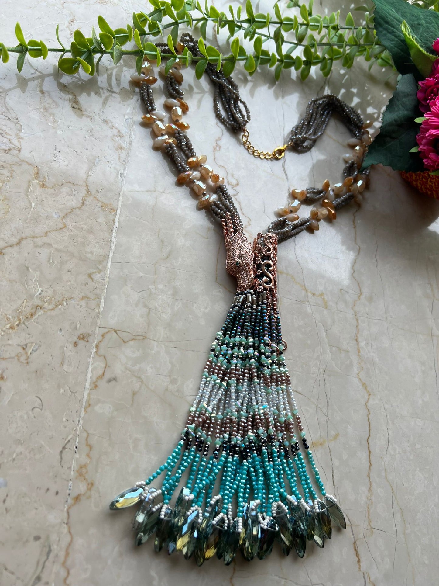 Multicolor Crystal Statement Necklace with Heavy Tassel