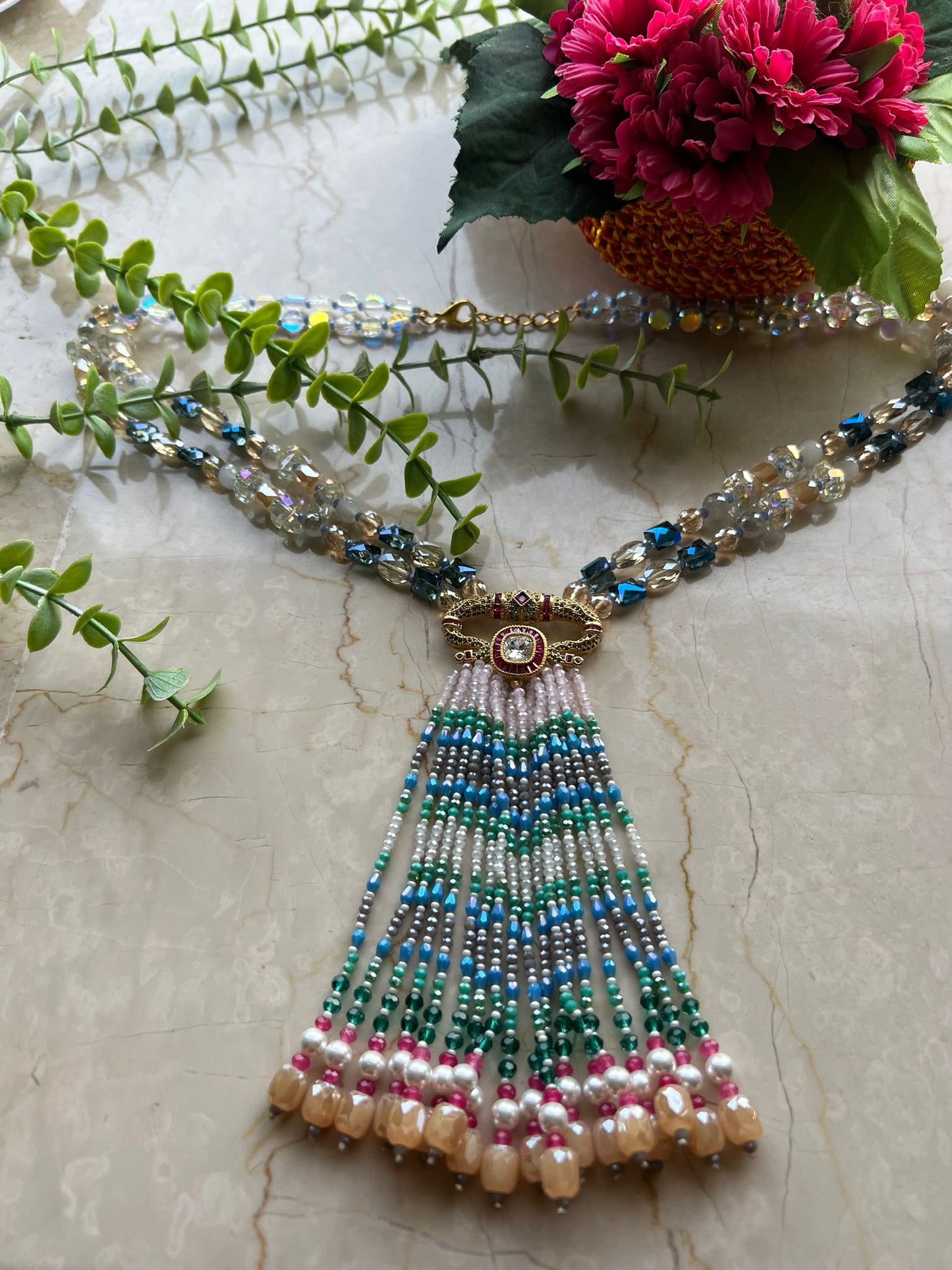 Multicolor Crystal Statement Necklace with Heavy Tassel
