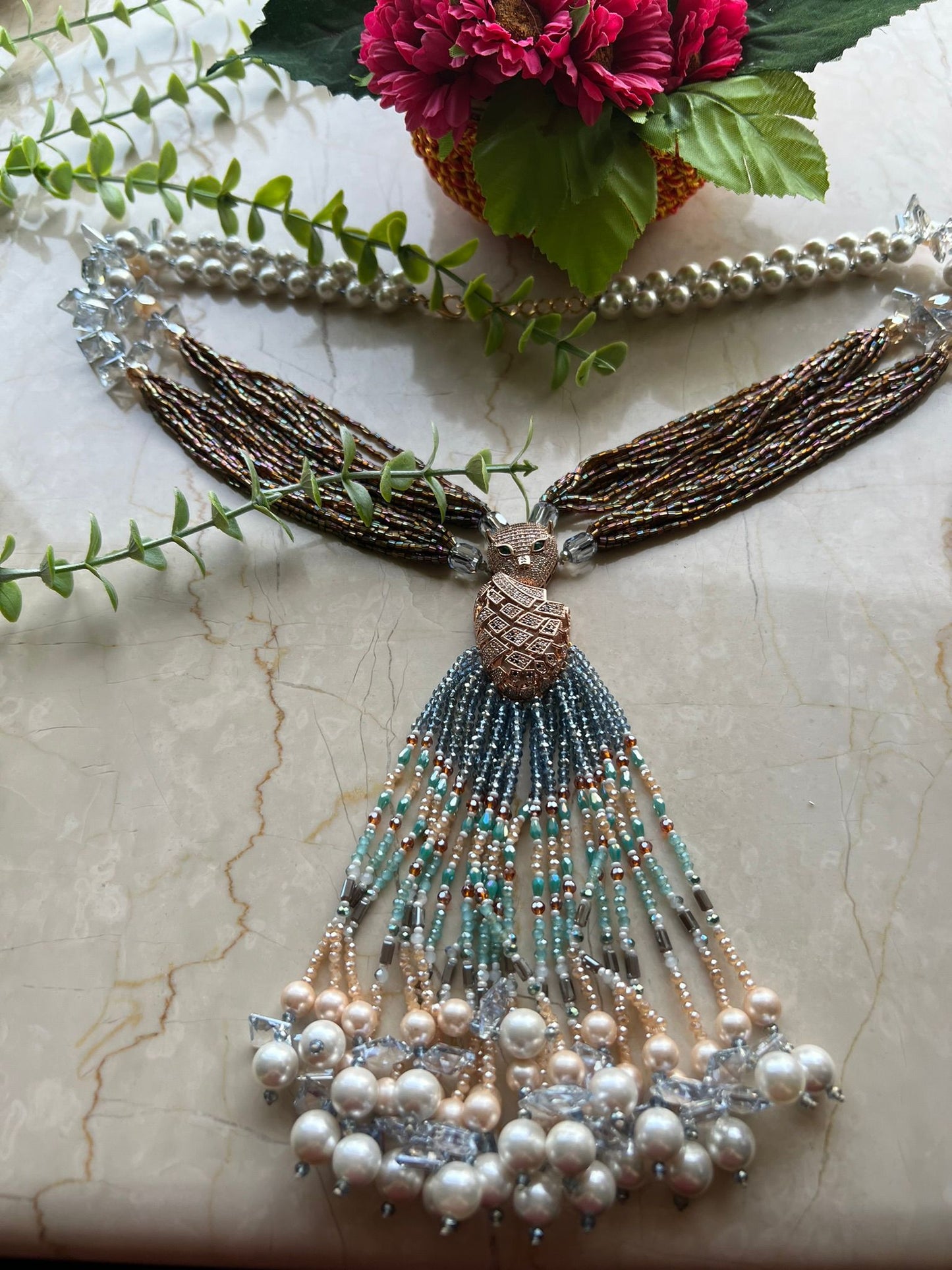 Multicolor Crystal Statement Necklace with Heavy Tassel