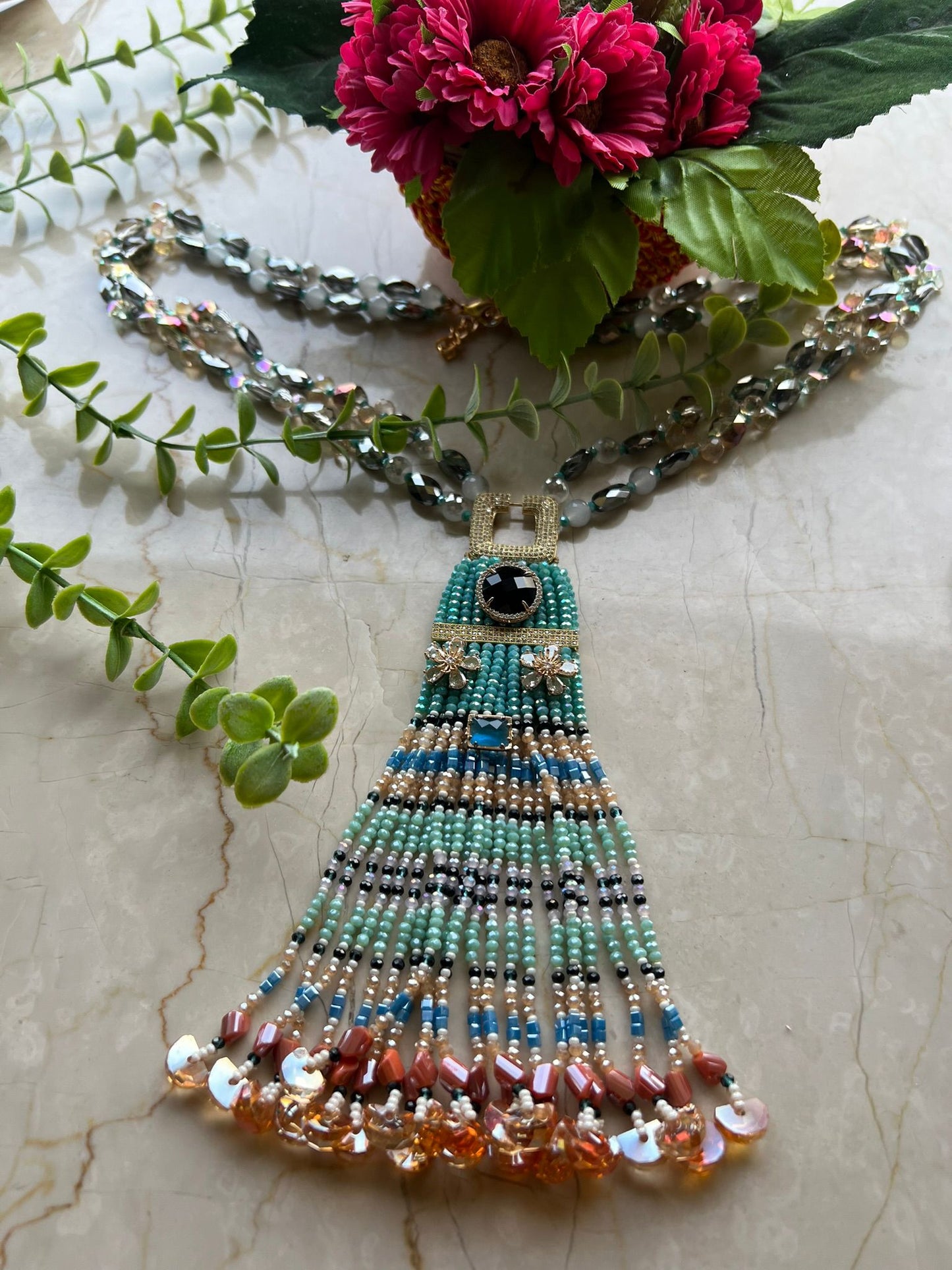 Multicolor Crystal Statement Necklace with Heavy Tassel