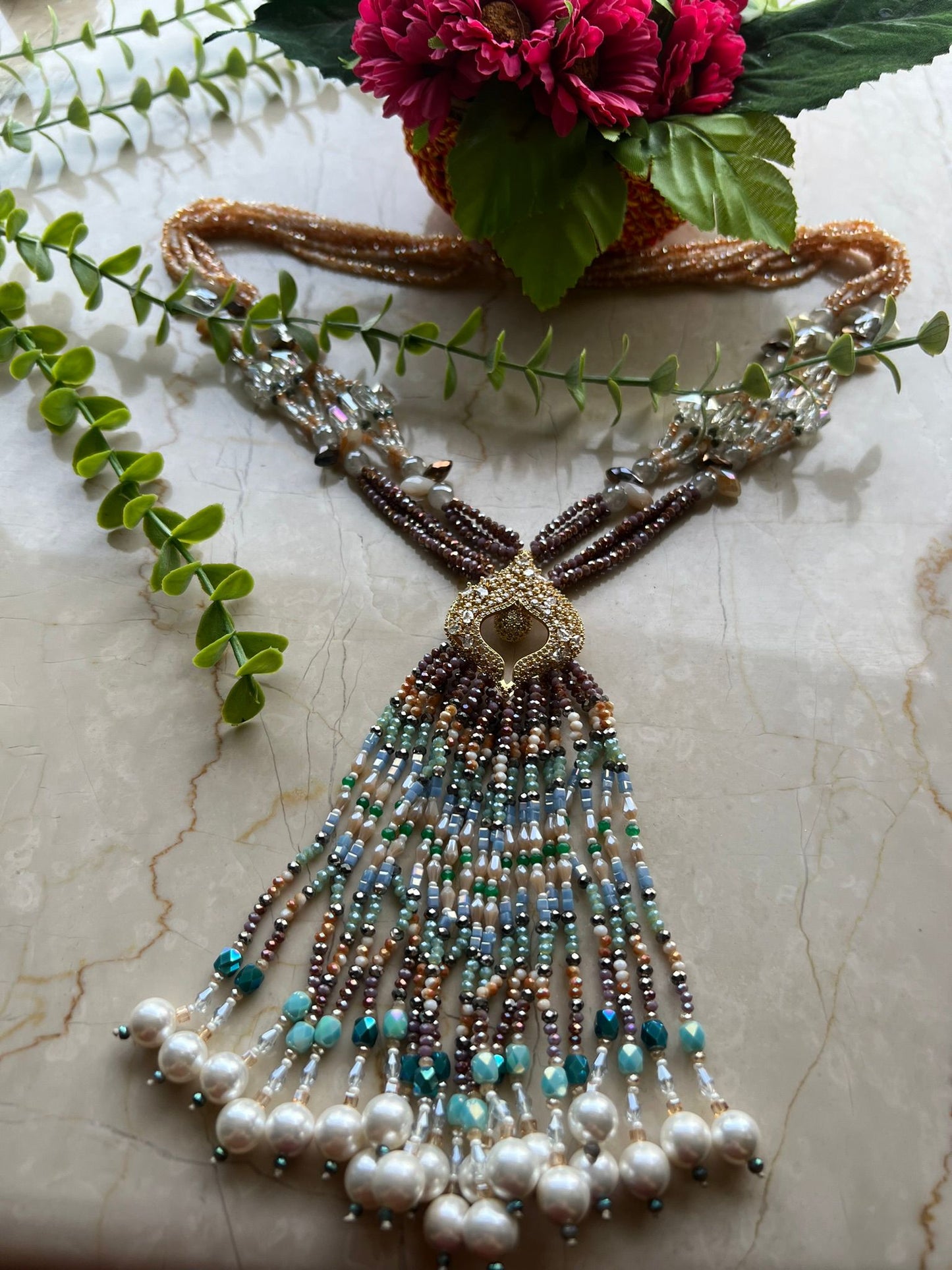 Multicolor Crystal Statement Necklace with Heavy Tassel