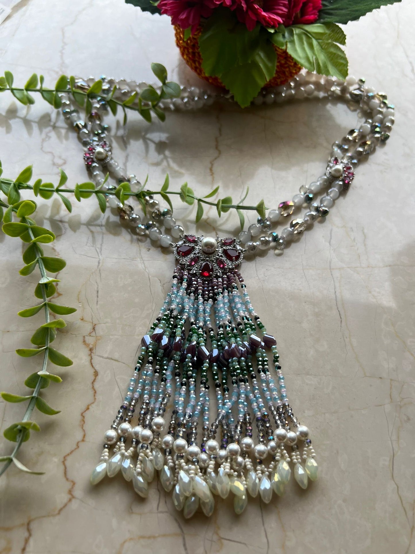 Multicolor Crystal Statement Necklace with Heavy Tassel