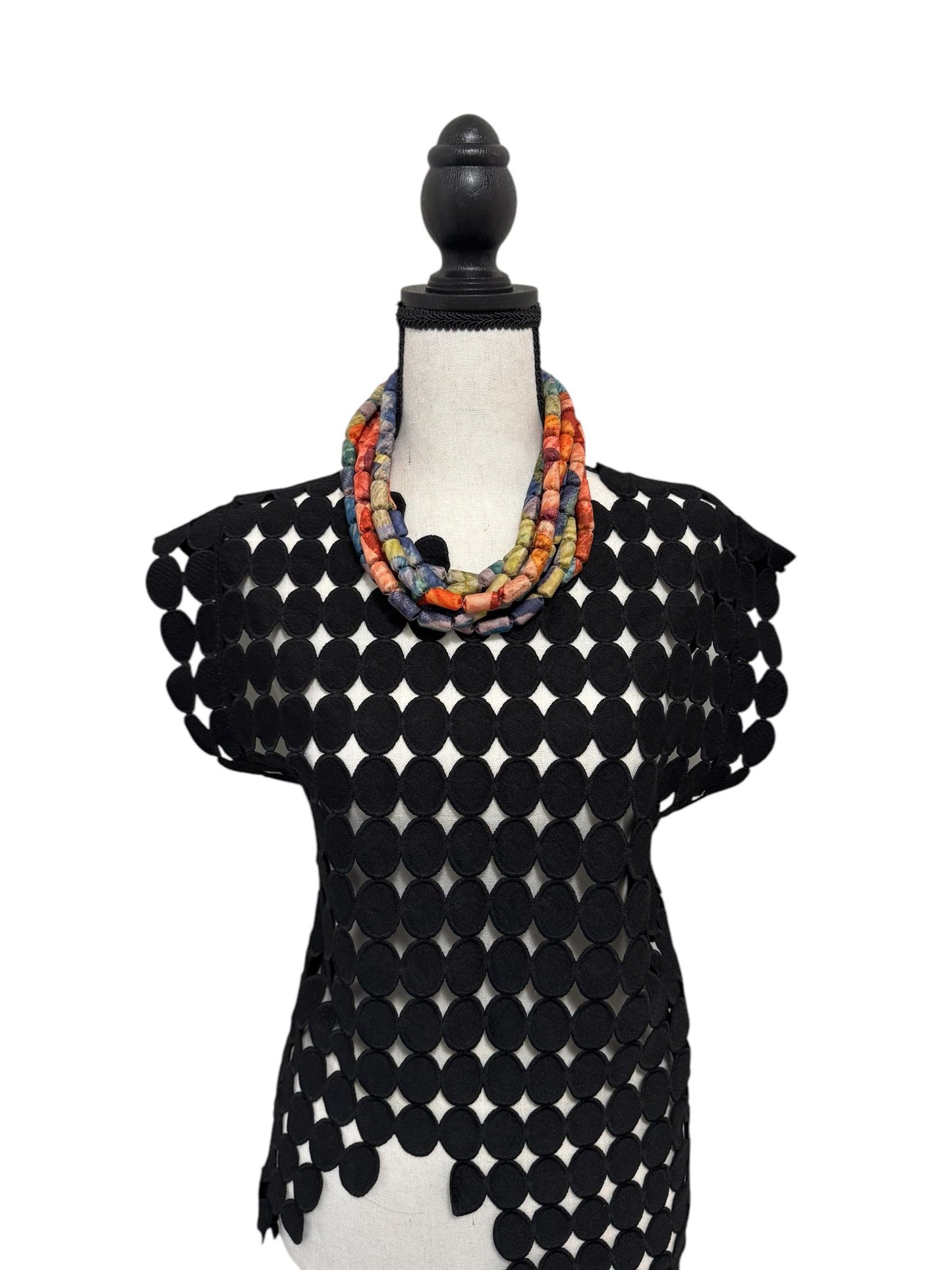 Printed Silk Cluster Textile 6 Line Adjustable Tie-Up Necklace