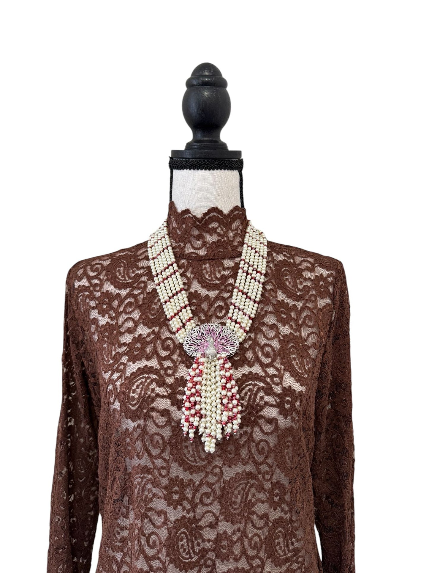 6 Line Pearl And Crystal Necklace Peacock Pendant Red