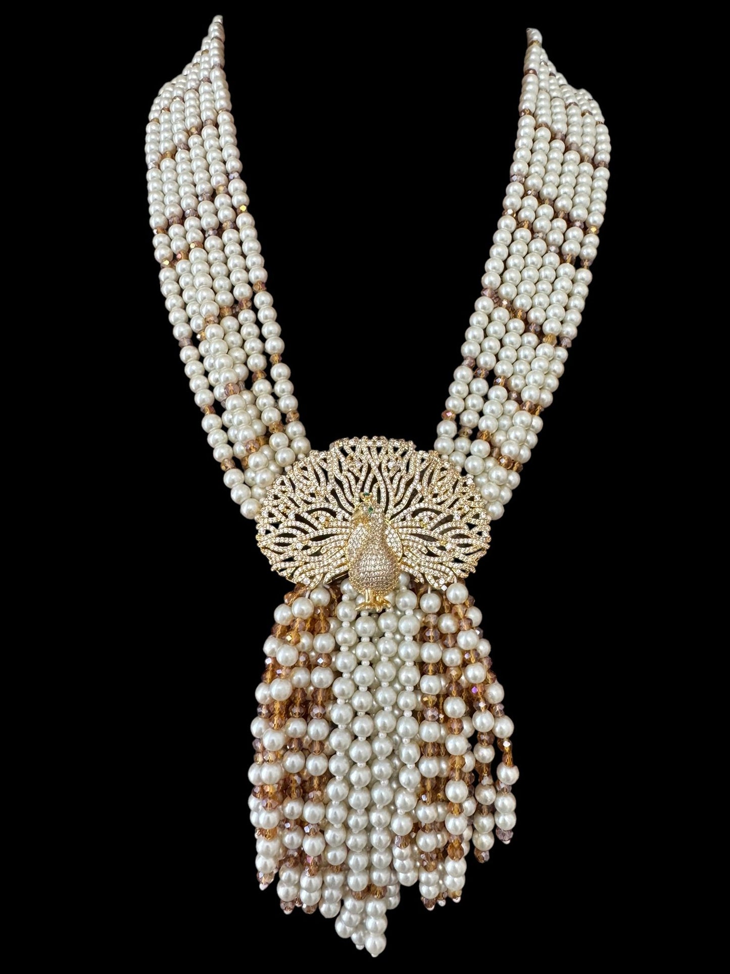 6 Line Pearl And Crystal Necklace Peacock Pendant Yellow