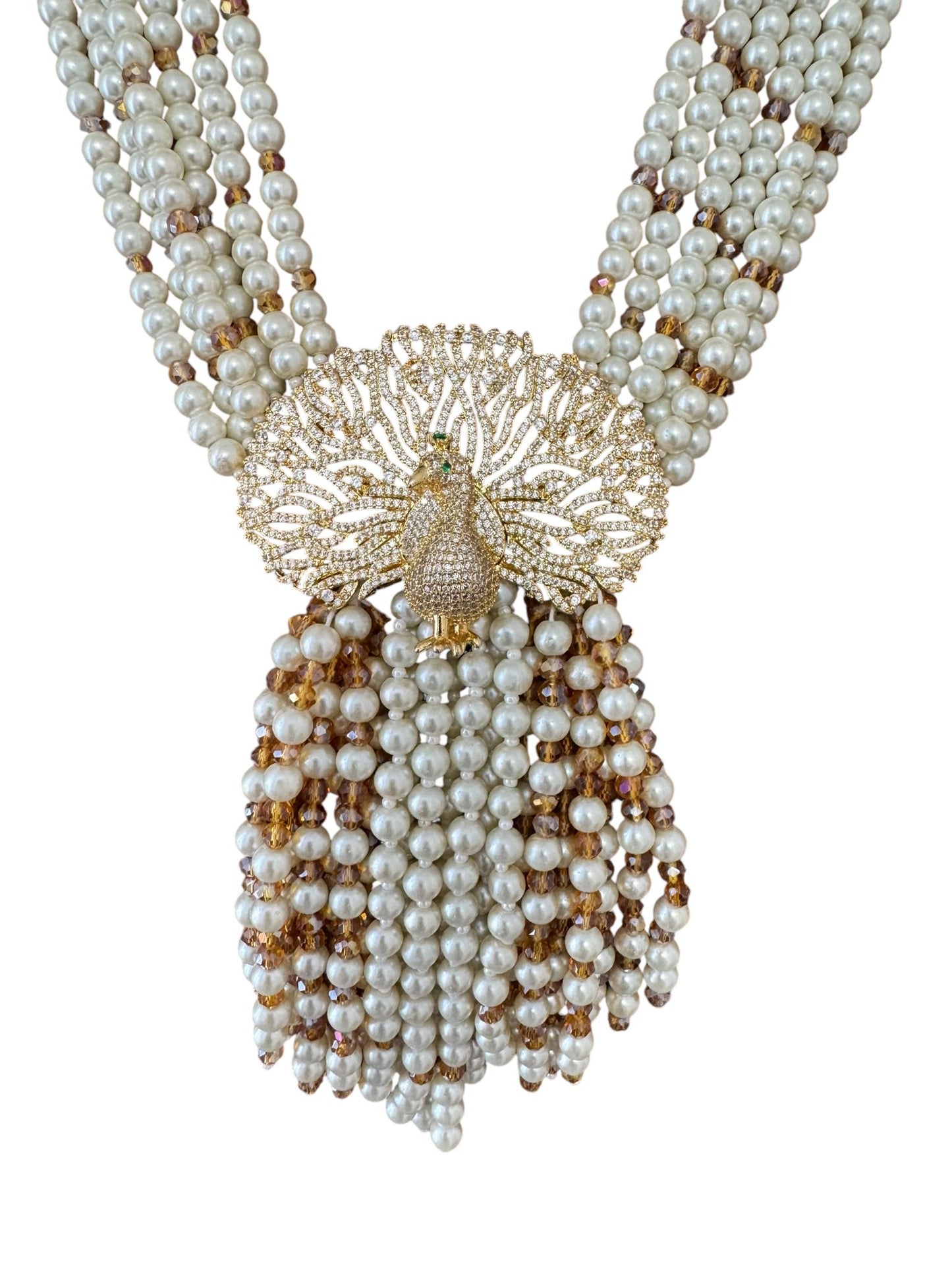 6 Line Pearl And Crystal Necklace Peacock Pendant Yellow