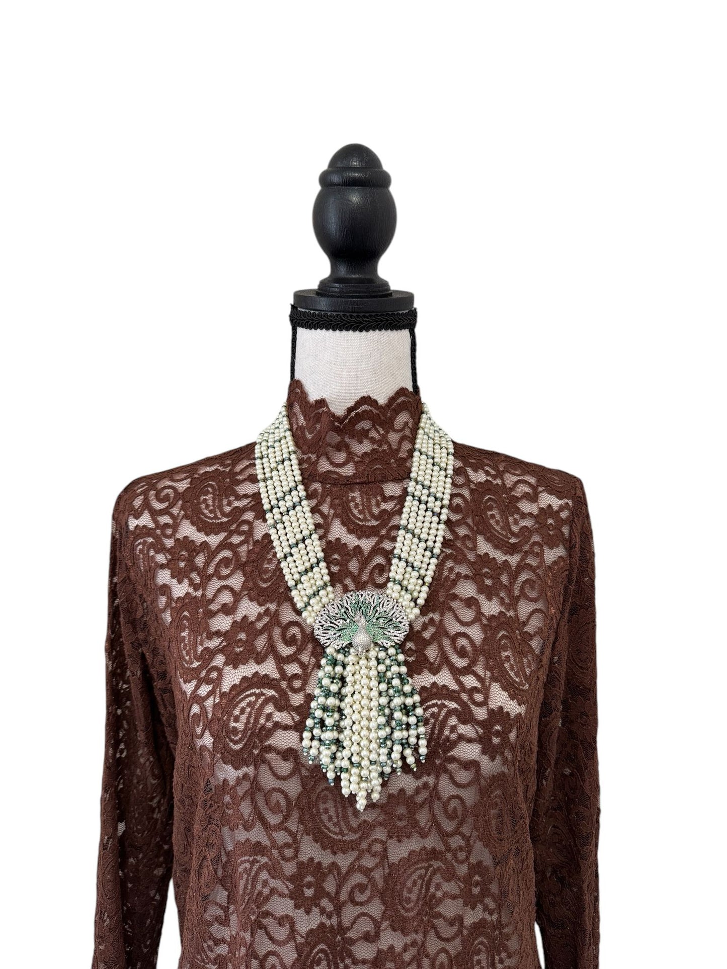 6 Line Pearl And Crystal Necklace Peacock Pendant Green