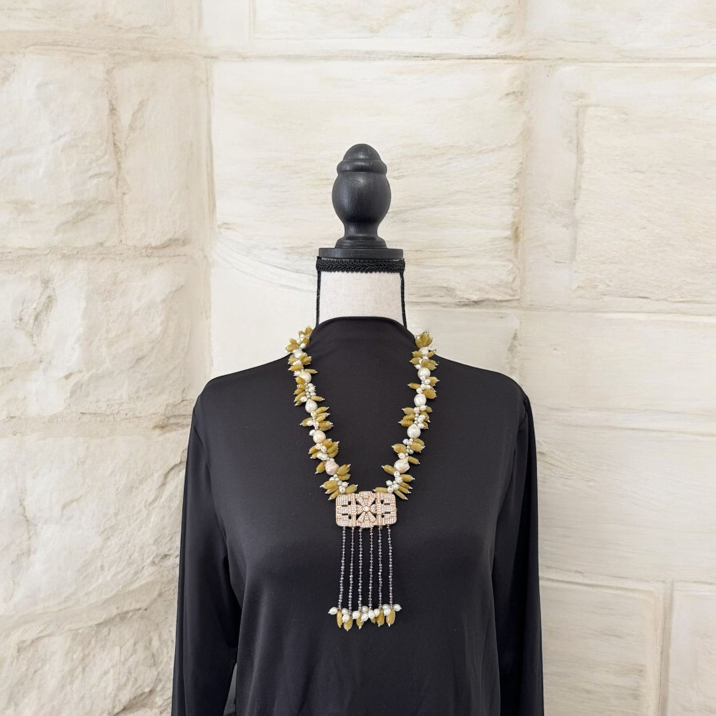 Baroque and Fresh Water Pearl with Zircon Square Pendant Necklace Yellow