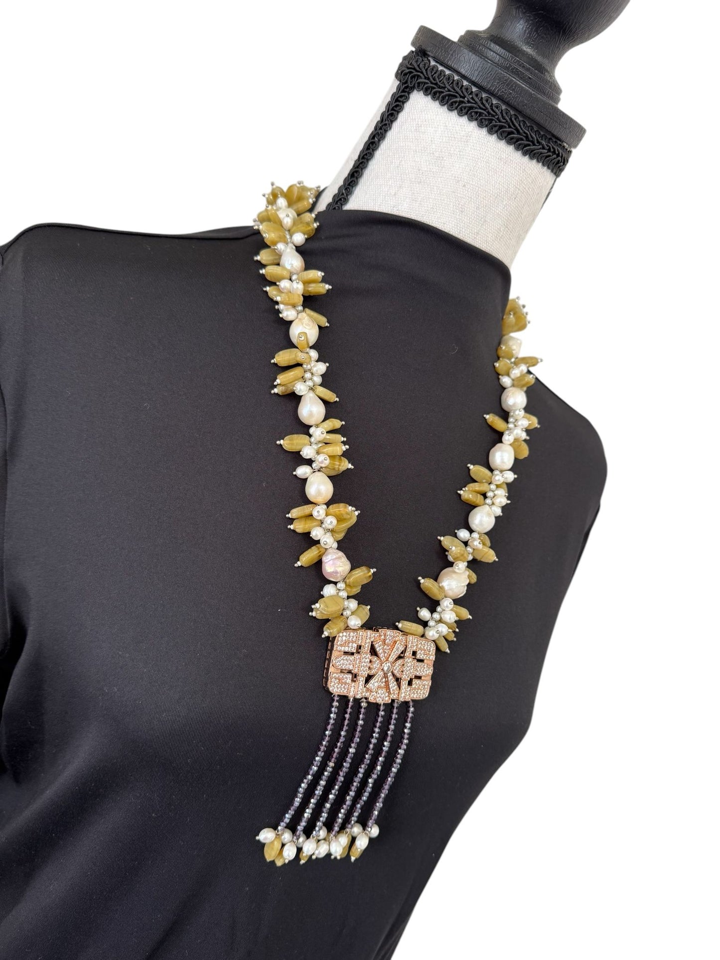 Baroque and Fresh Water Pearl with Zircon Square Pendant Necklace Yellow