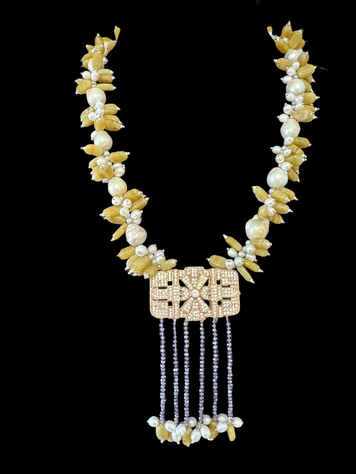 Baroque and Fresh Water Pearl with Zircon Square Pendant Necklace Yellow