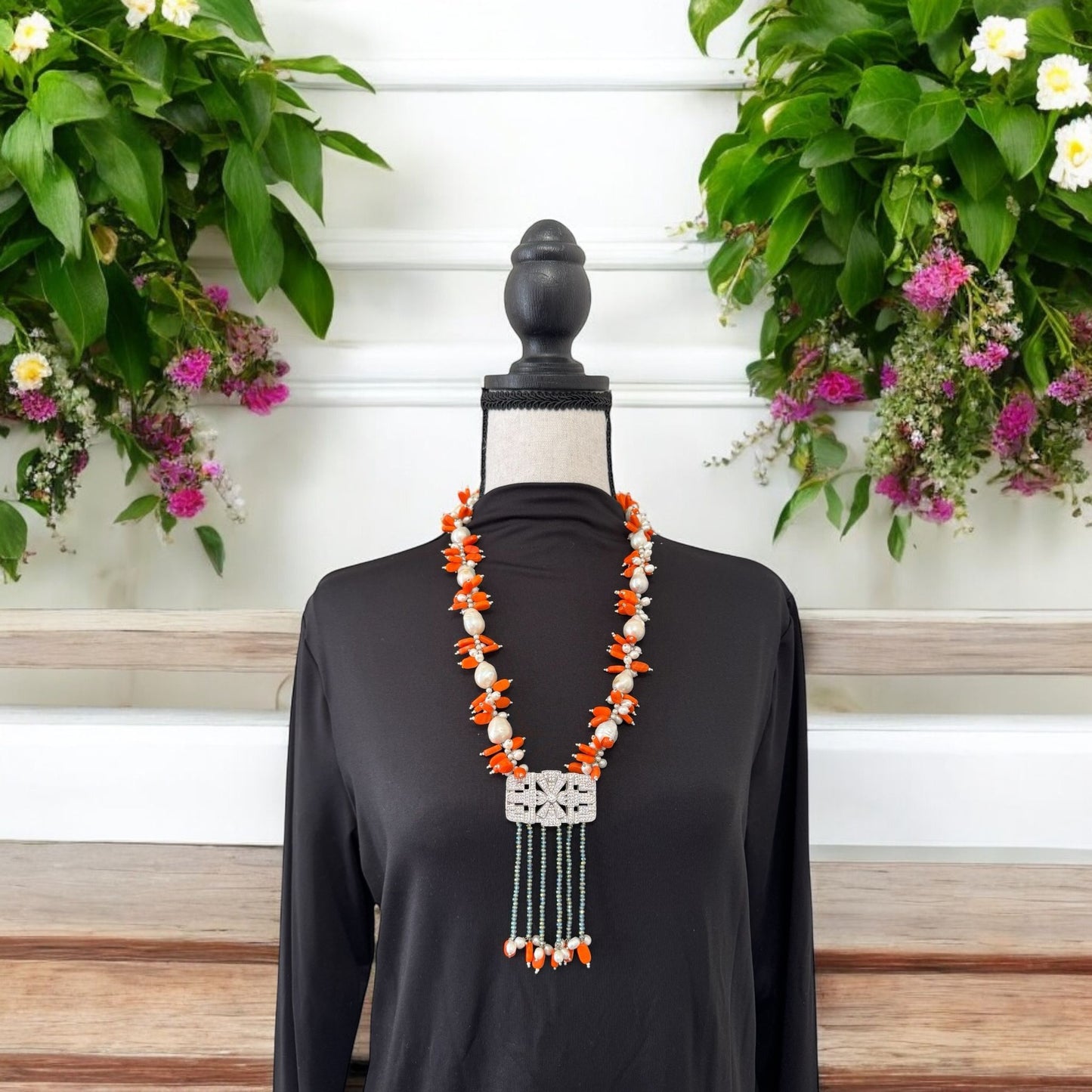 Baroque and Fresh Water Pearl with Zircon Square Pendant Necklace Orange