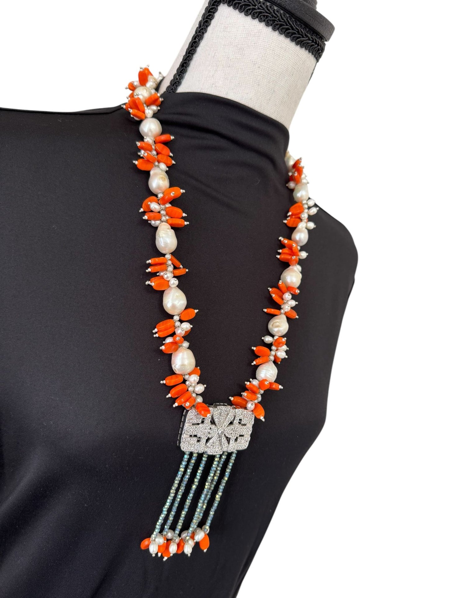 Baroque and Fresh Water Pearl with Zircon Square Pendant Necklace Orange