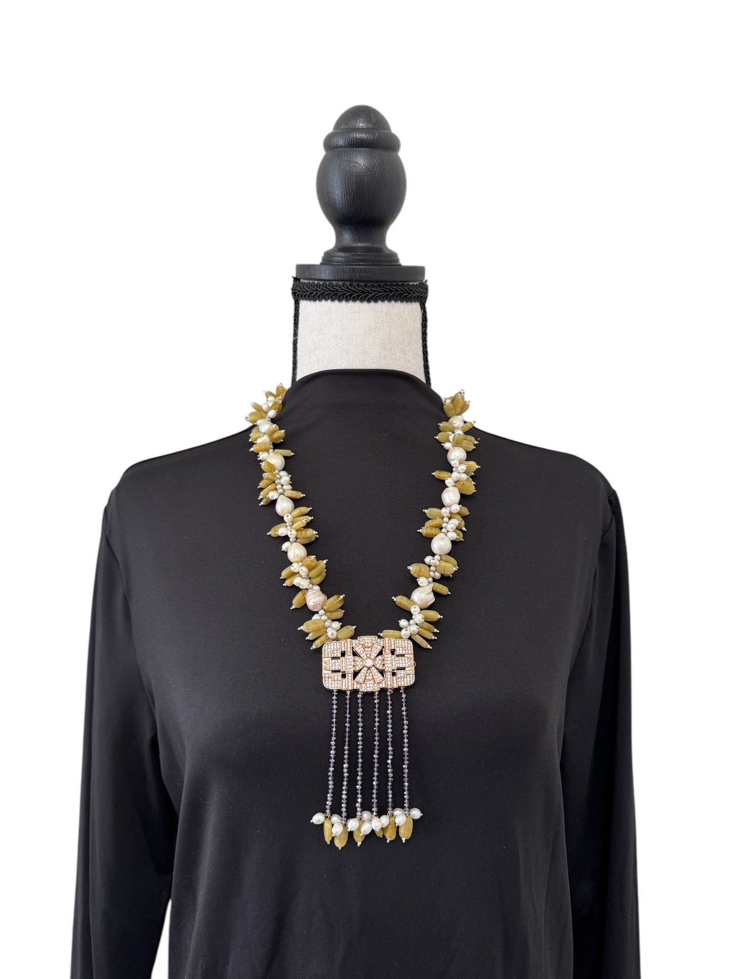 Baroque and Fresh Water Pearl with Zircon Square Pendant Necklace Yellow