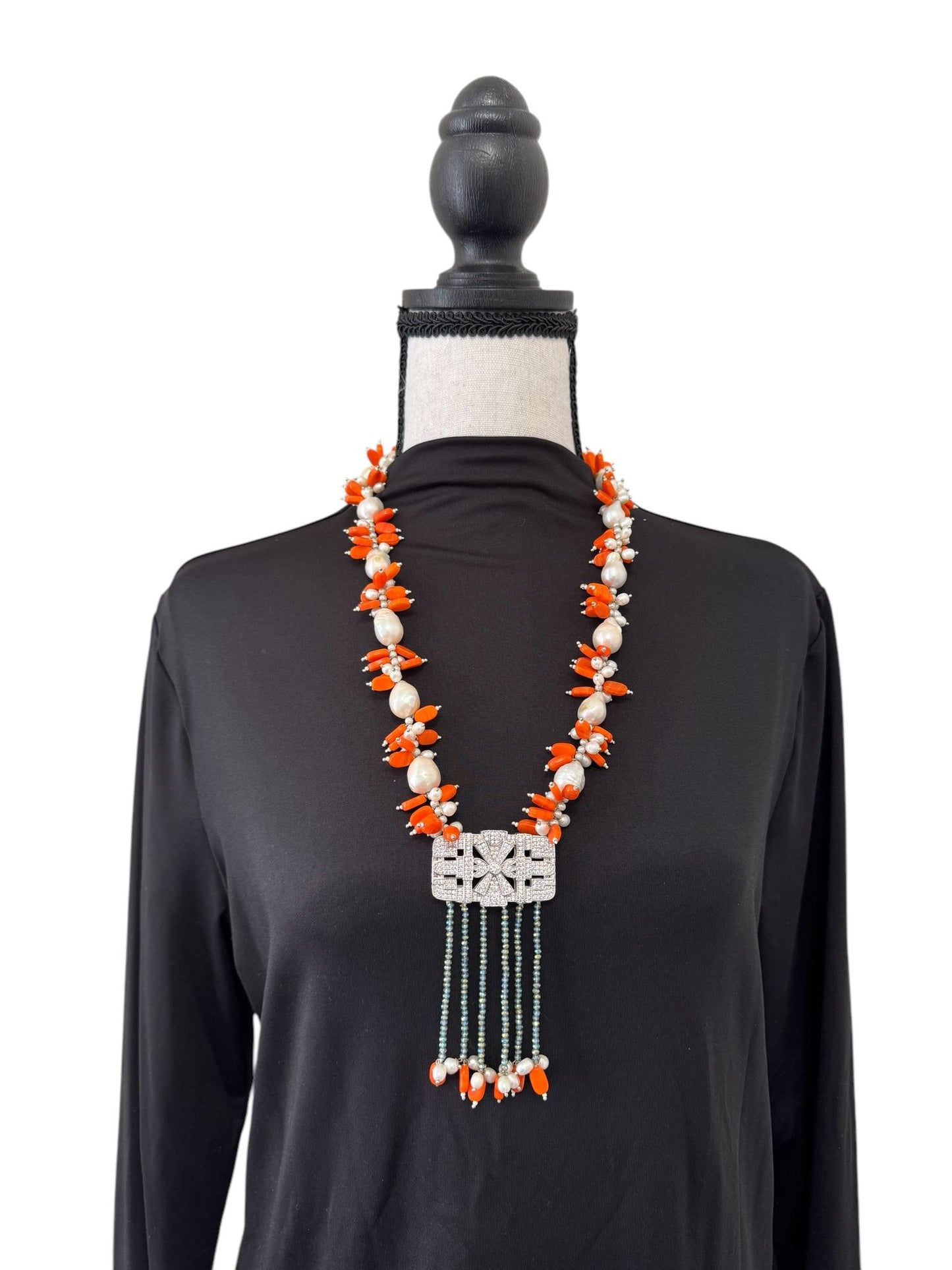 Baroque and Fresh Water Pearl with Zircon Square Pendant Necklace Orange