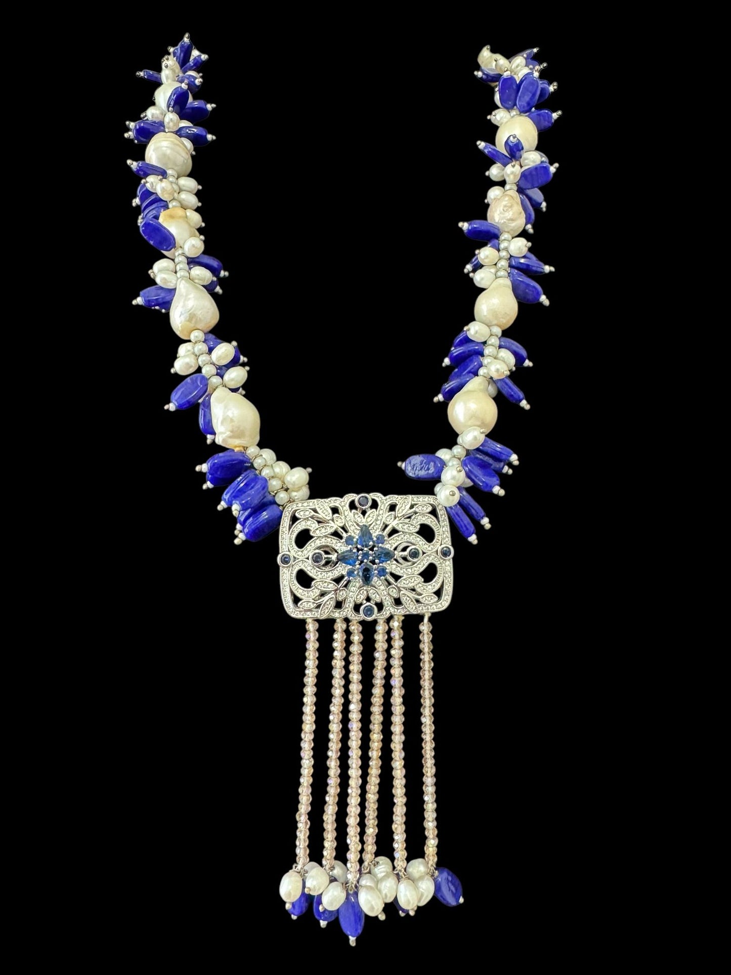 Baroque and Fresh Water Pearl with Zircon Square Pendant Necklace Navy
