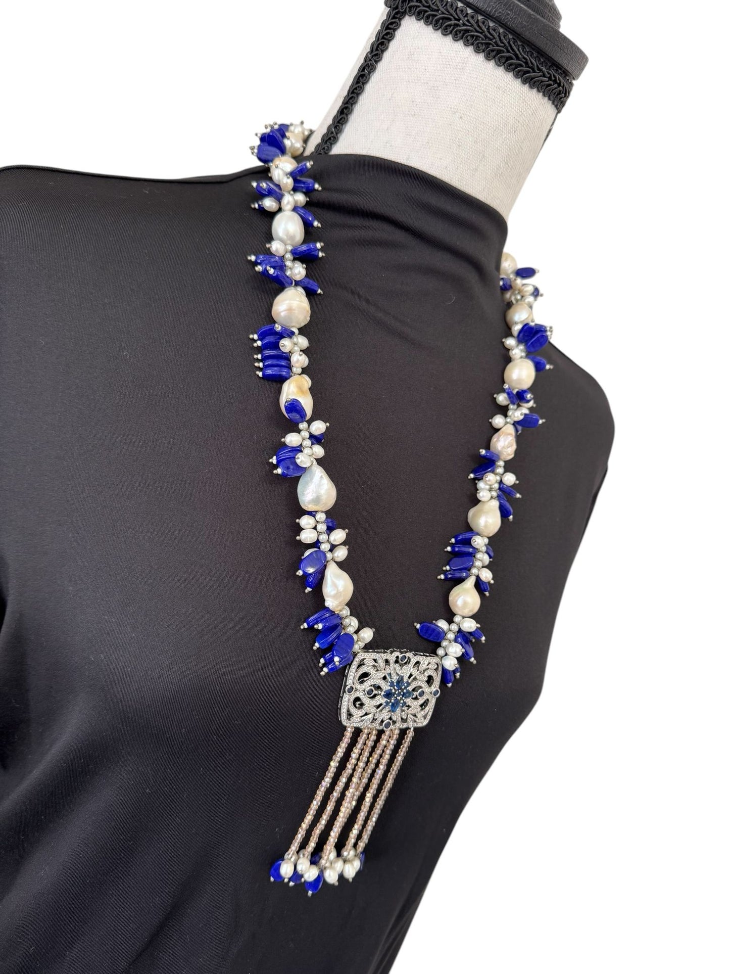 Baroque and Fresh Water Pearl with Zircon Square Pendant Necklace Navy