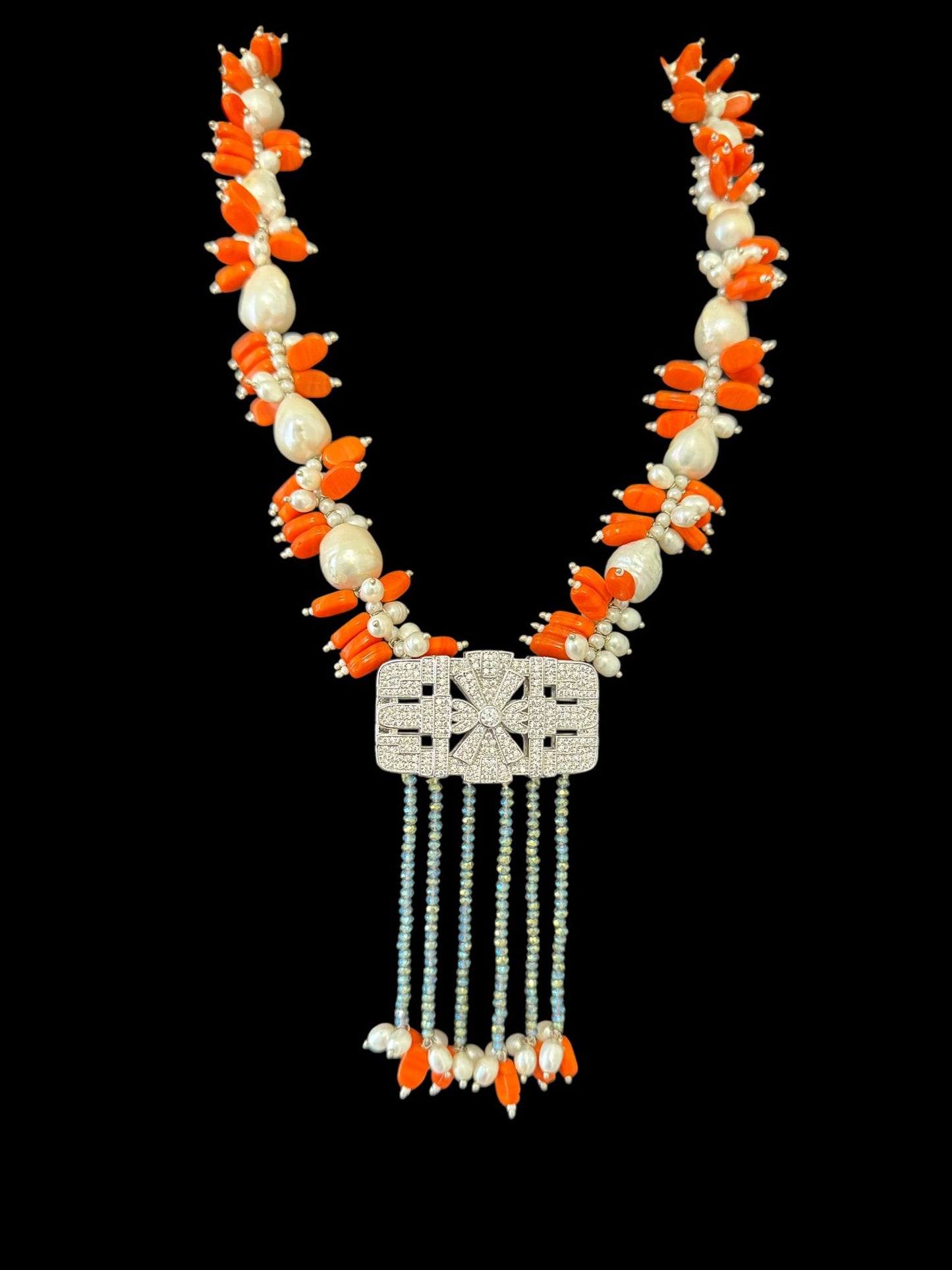 Baroque and Fresh Water Pearl with Zircon Square Pendant Necklace Orange