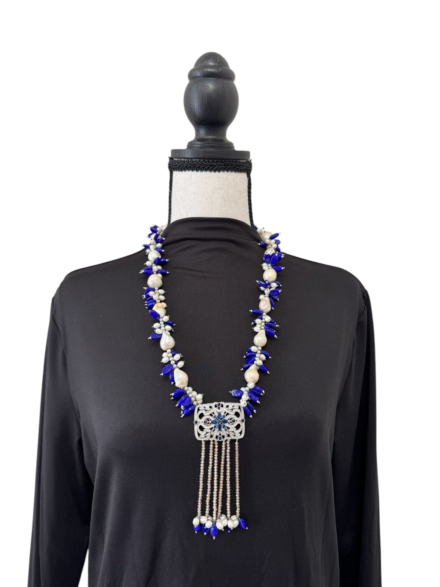 Baroque and Fresh Water Pearl with Zircon Square Pendant Necklace Navy