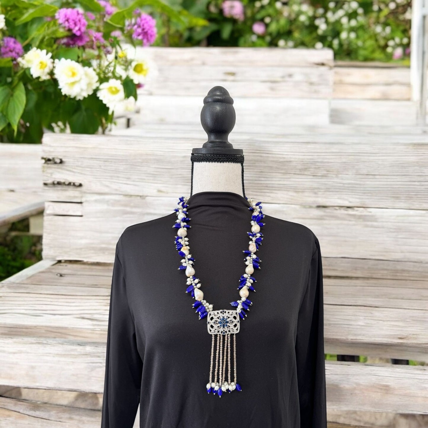 Baroque and Fresh Water Pearl with Zircon Square Pendant Necklace Navy