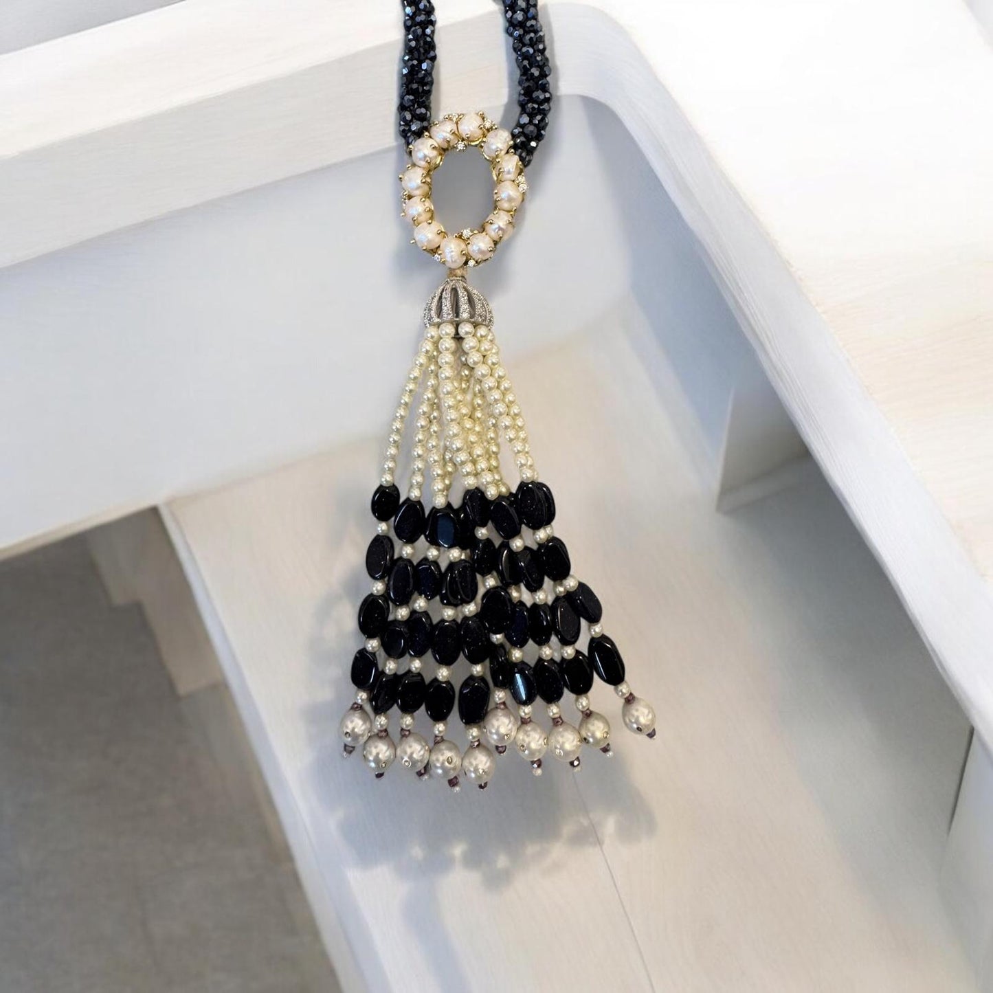 Twisted Crystal Long Necklace with Semi Precious Pendant and Tassel White