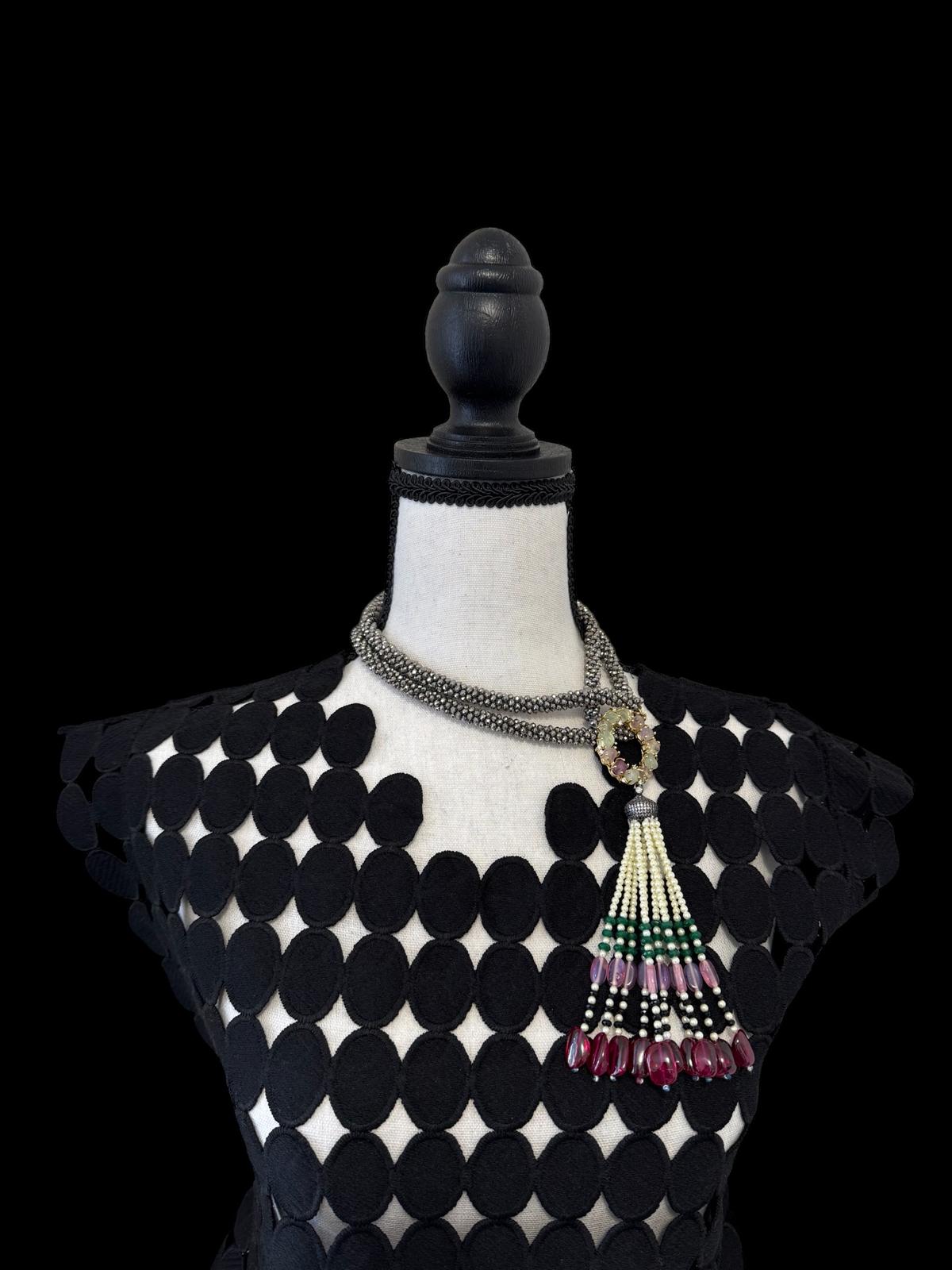 Twisted Crystal Long Necklace with Semi Precious Pendant and Tassel Green