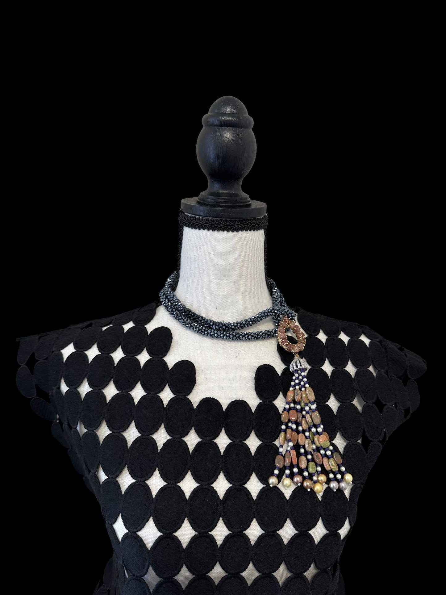 Twisted Crystal Long Necklace with Semi Precious Pendant and Tassel Pink