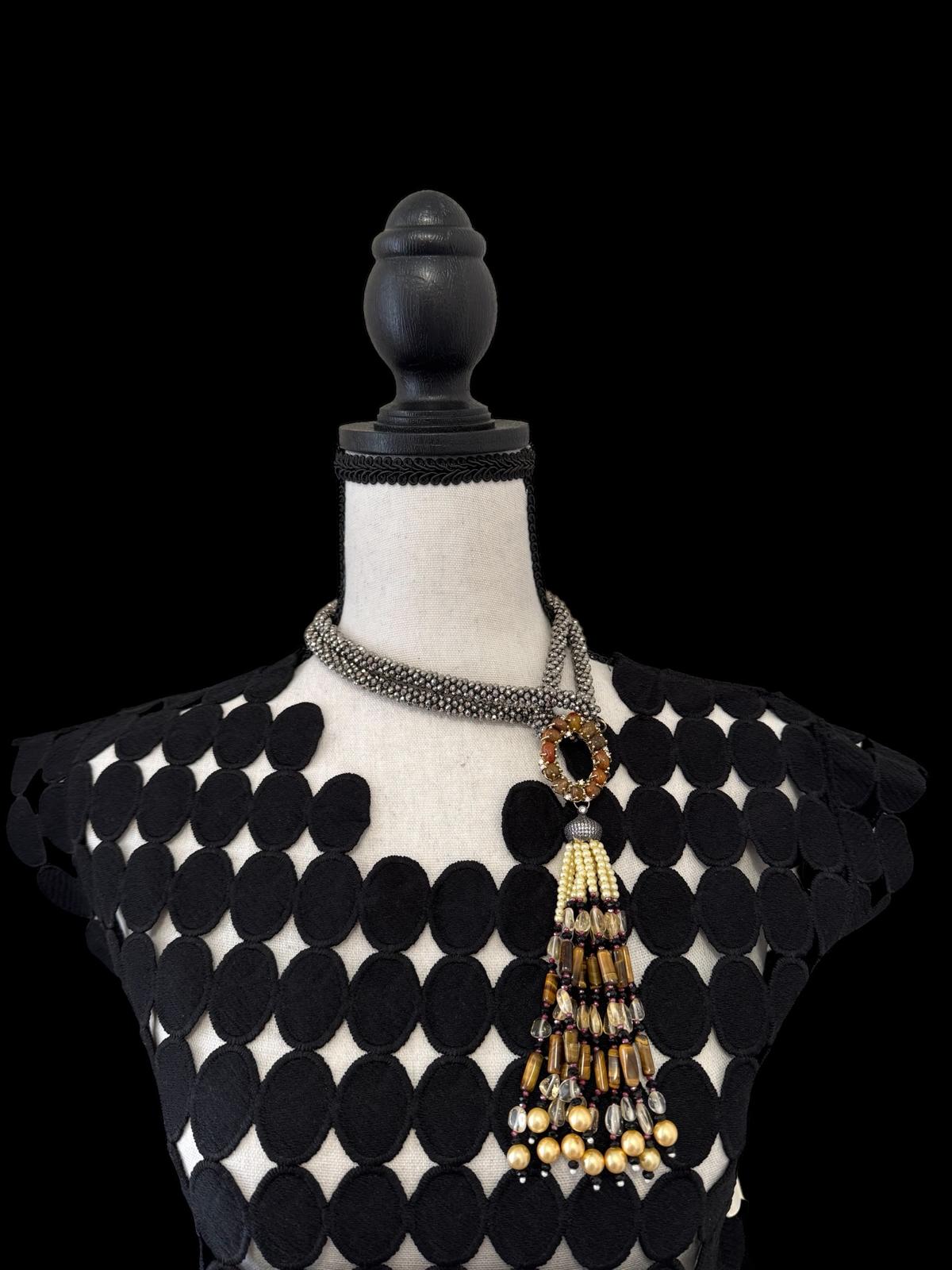 Twisted Crystal Long Necklace with Semi Precious Pendant and Tassel Orange