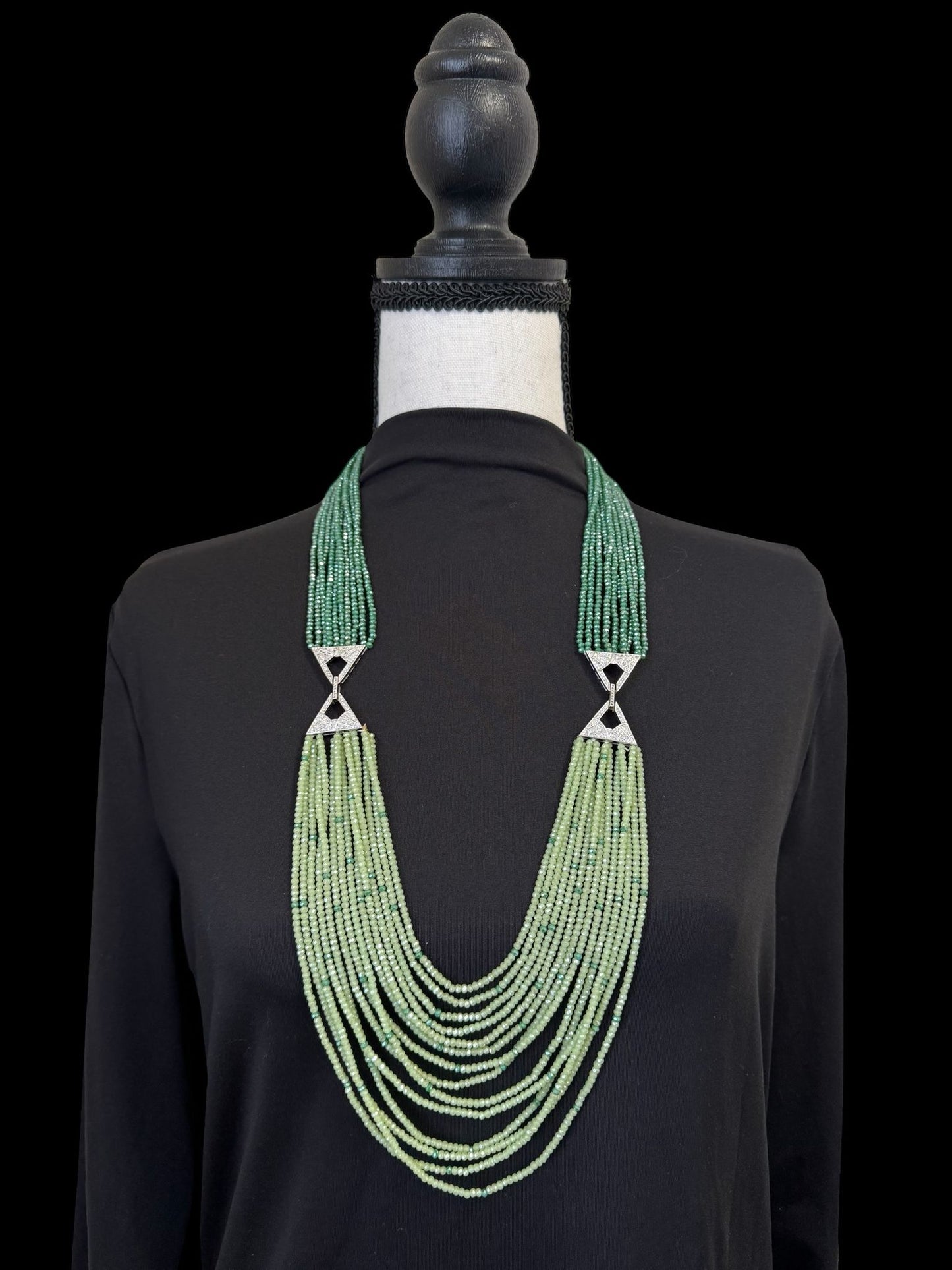 Dual Shade 10 Line Long Double Pendant Layered Crystal Necklace Green