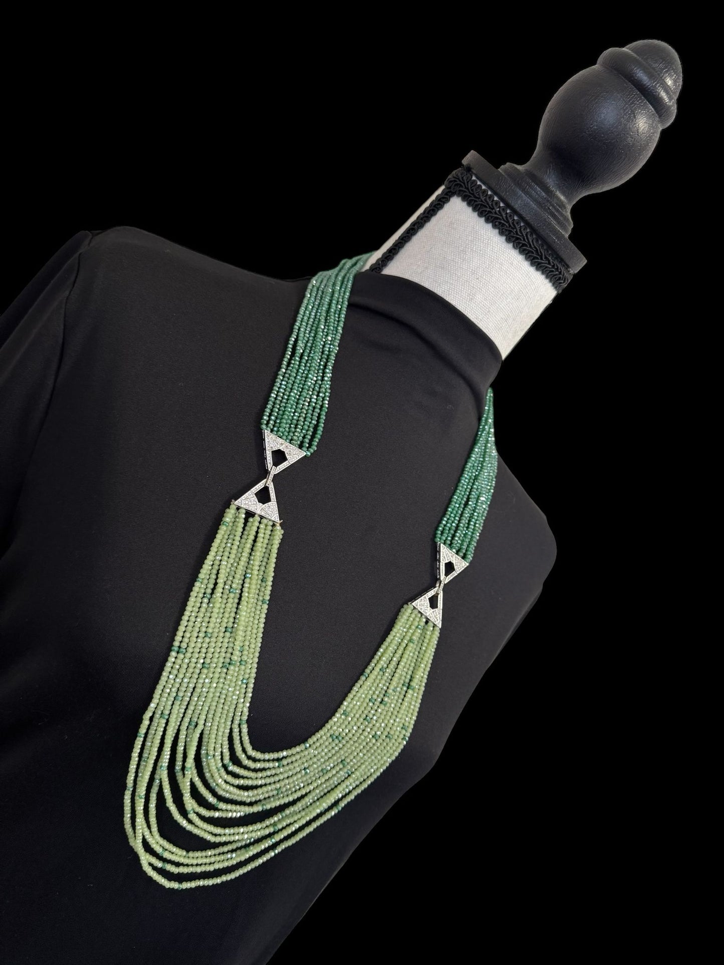 Dual Shade 10 Line Long Double Pendant Layered Crystal Necklace Green