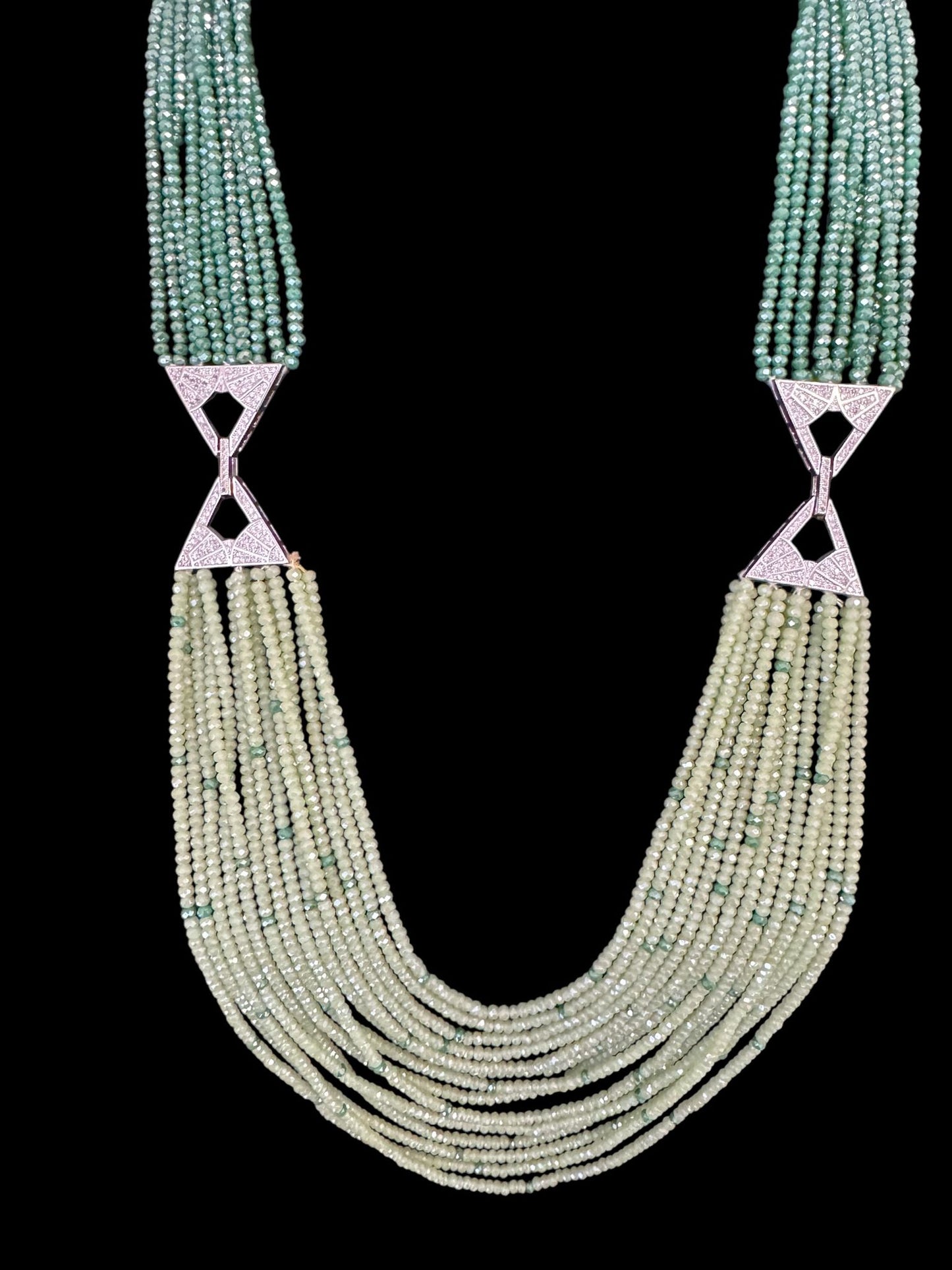 Dual Shade 10 Line Long Double Pendant Layered Crystal Necklace Green