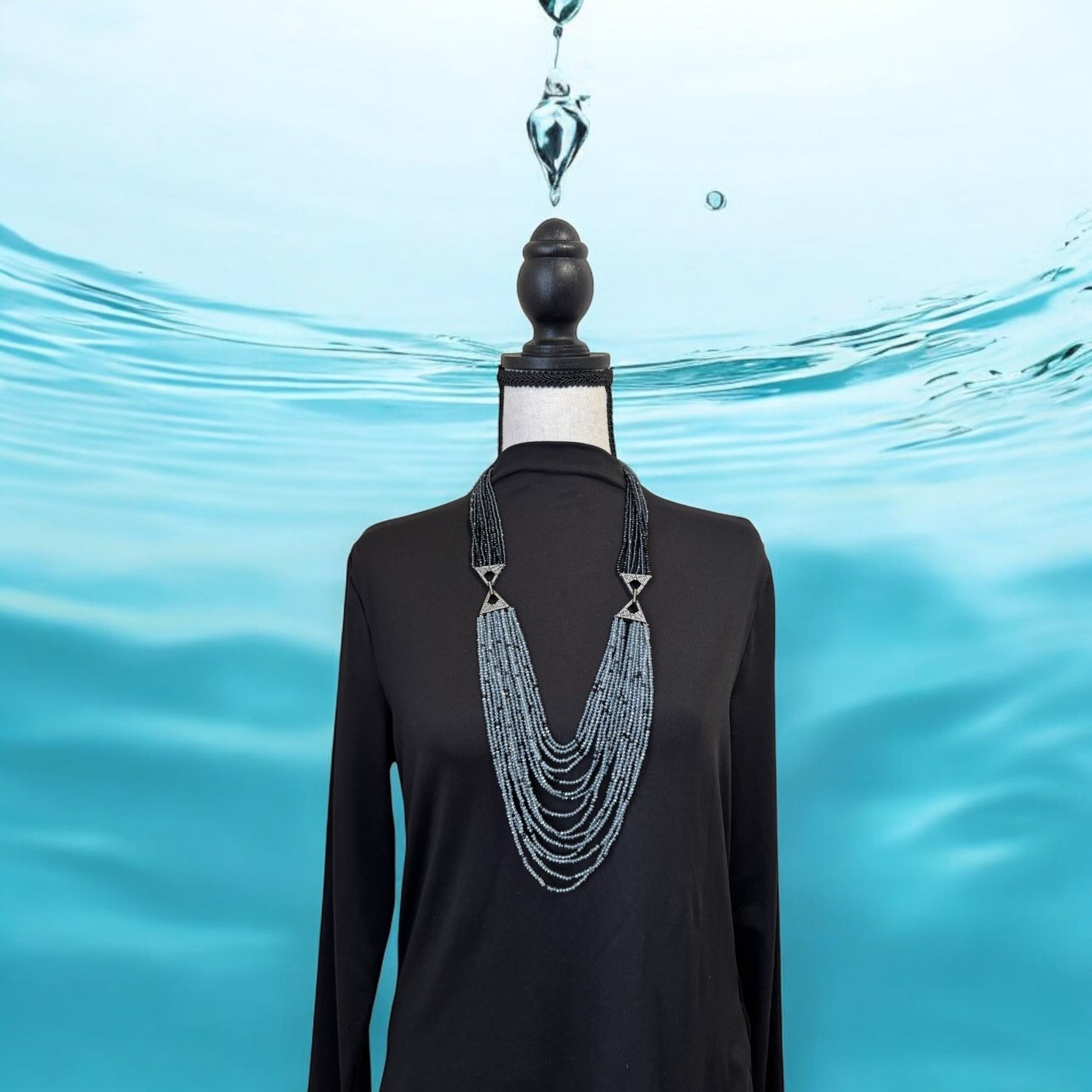 Dual Shade 10 Line Long Double Pendant Layered Crystal Necklace Gray