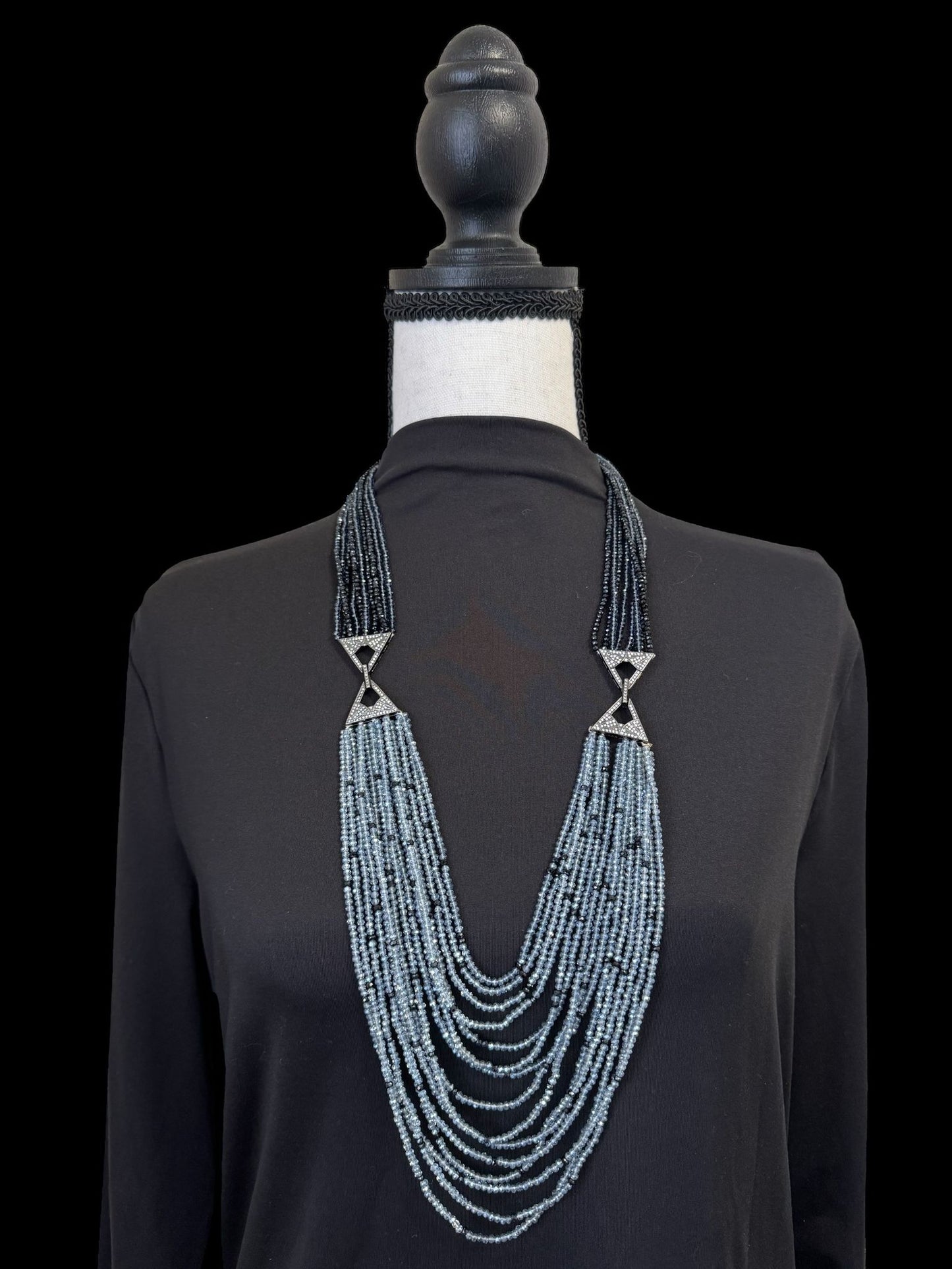 Dual Shade 10 Line Long Double Pendant Layered Crystal Necklace Gray