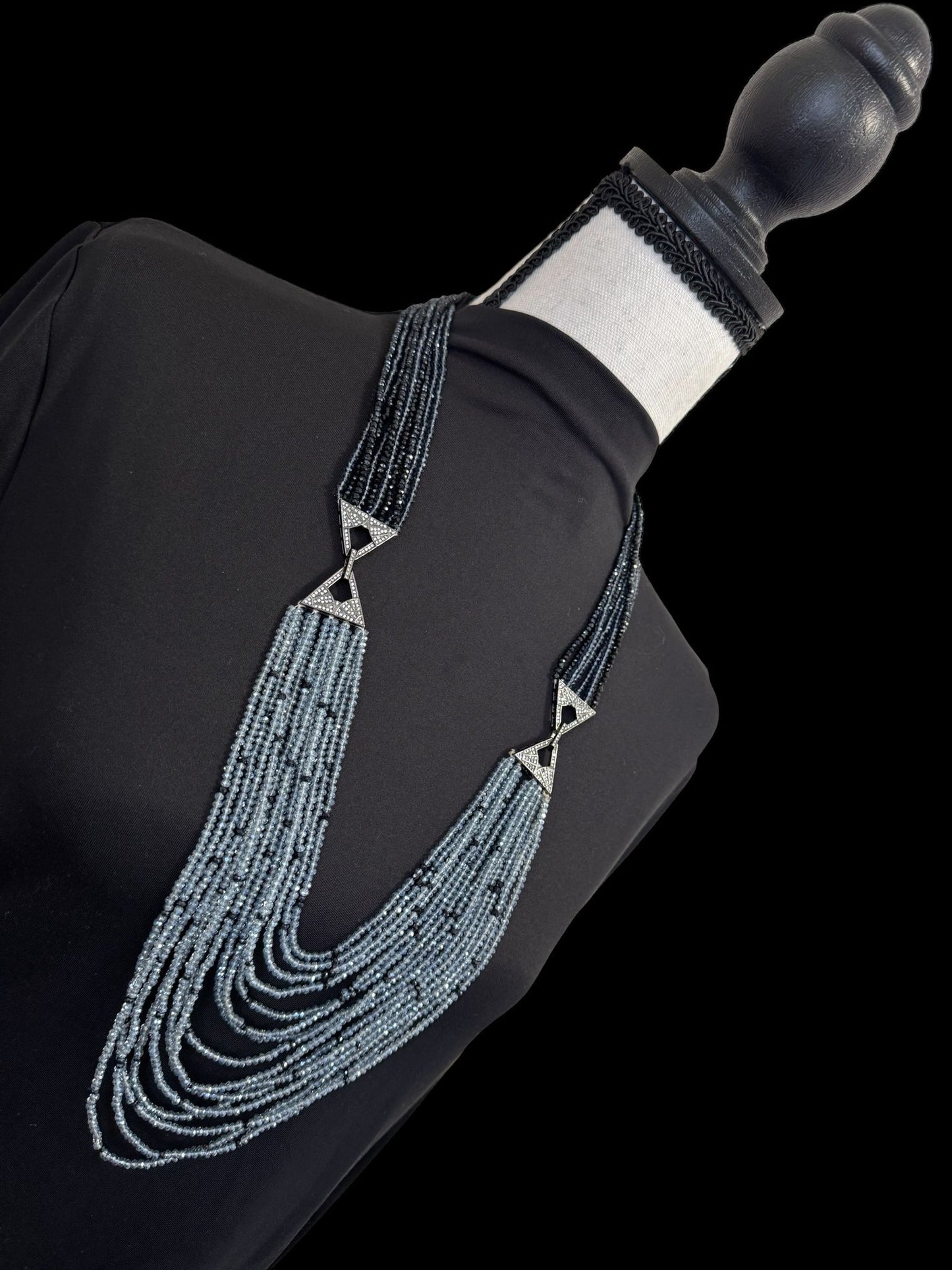Dual Shade 10 Line Long Double Pendant Layered Crystal Necklace Gray