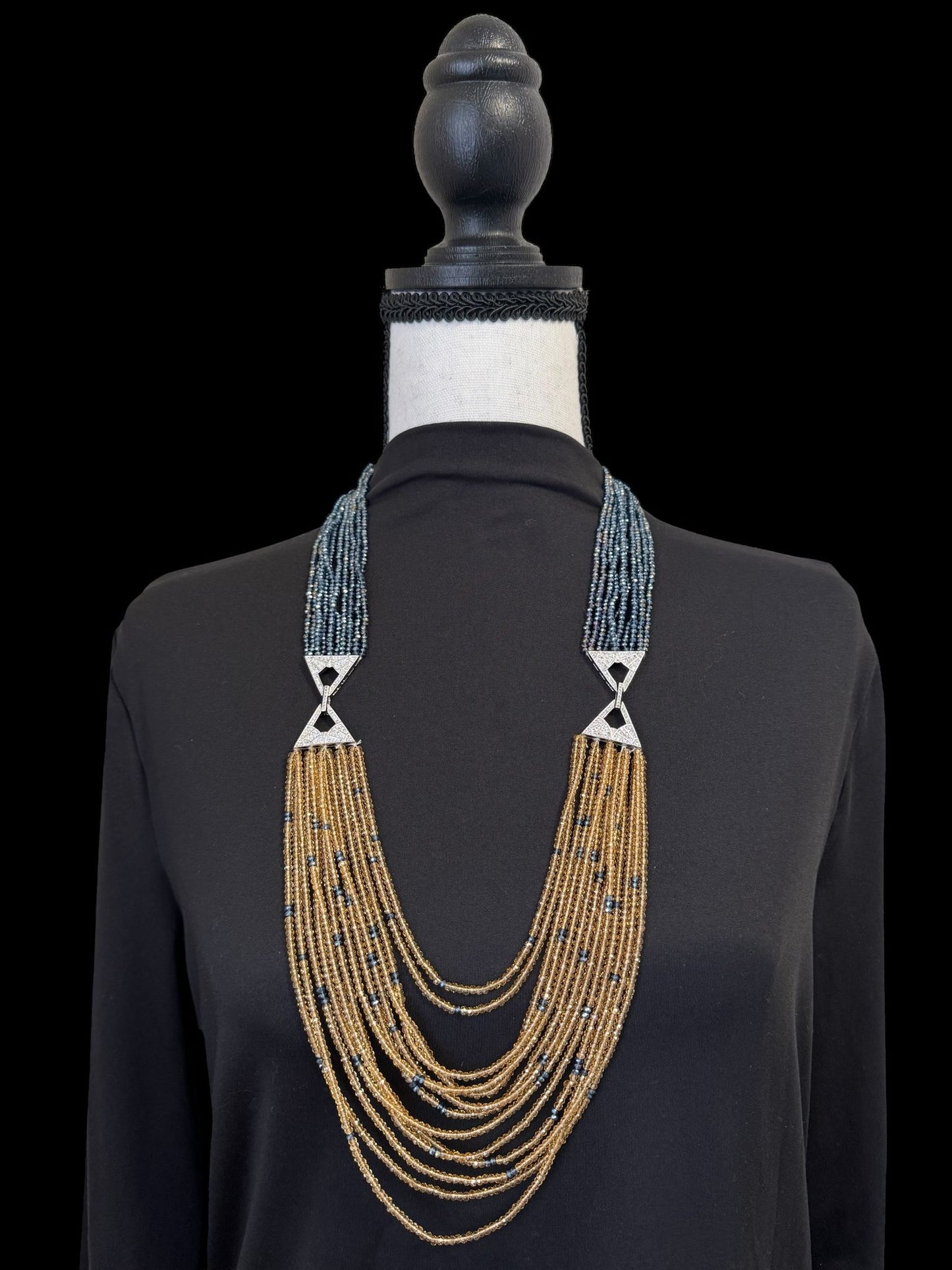 Dual Shade 10 Line Long Double Pendant Layered Crystal Necklace Yellow