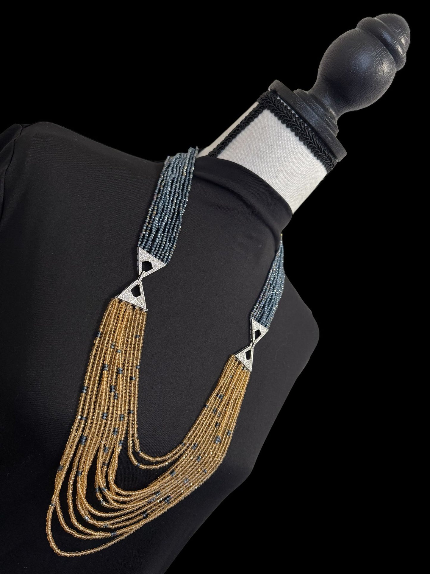 Dual Shade 10 Line Long Double Pendant Layered Crystal Necklace Yellow