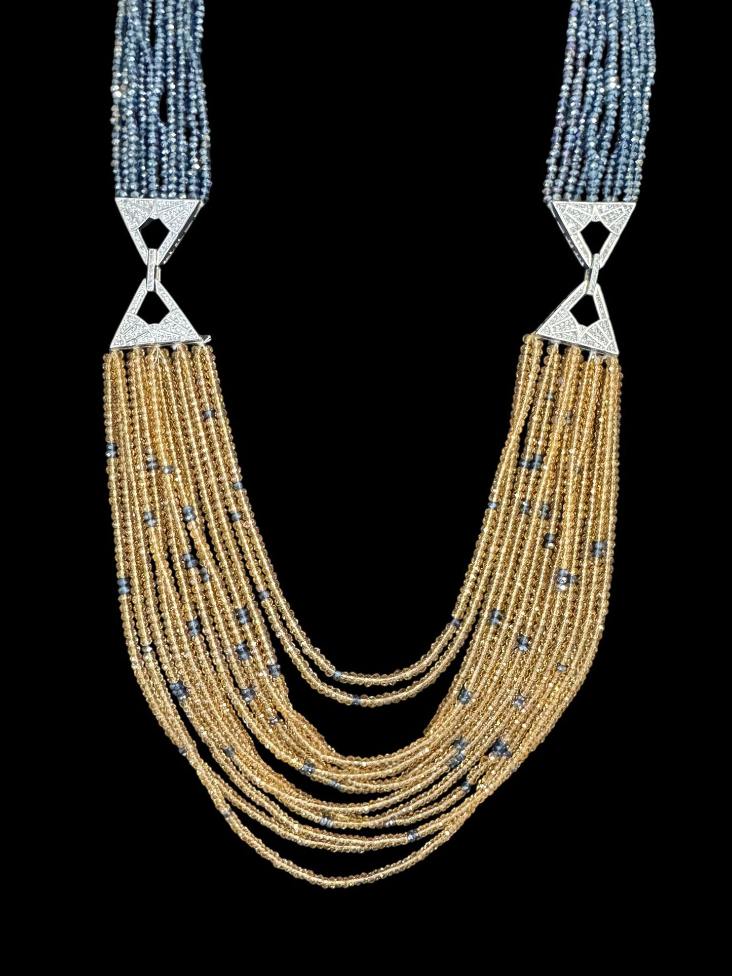 Dual Shade 10 Line Long Double Pendant Layered Crystal Necklace Yellow