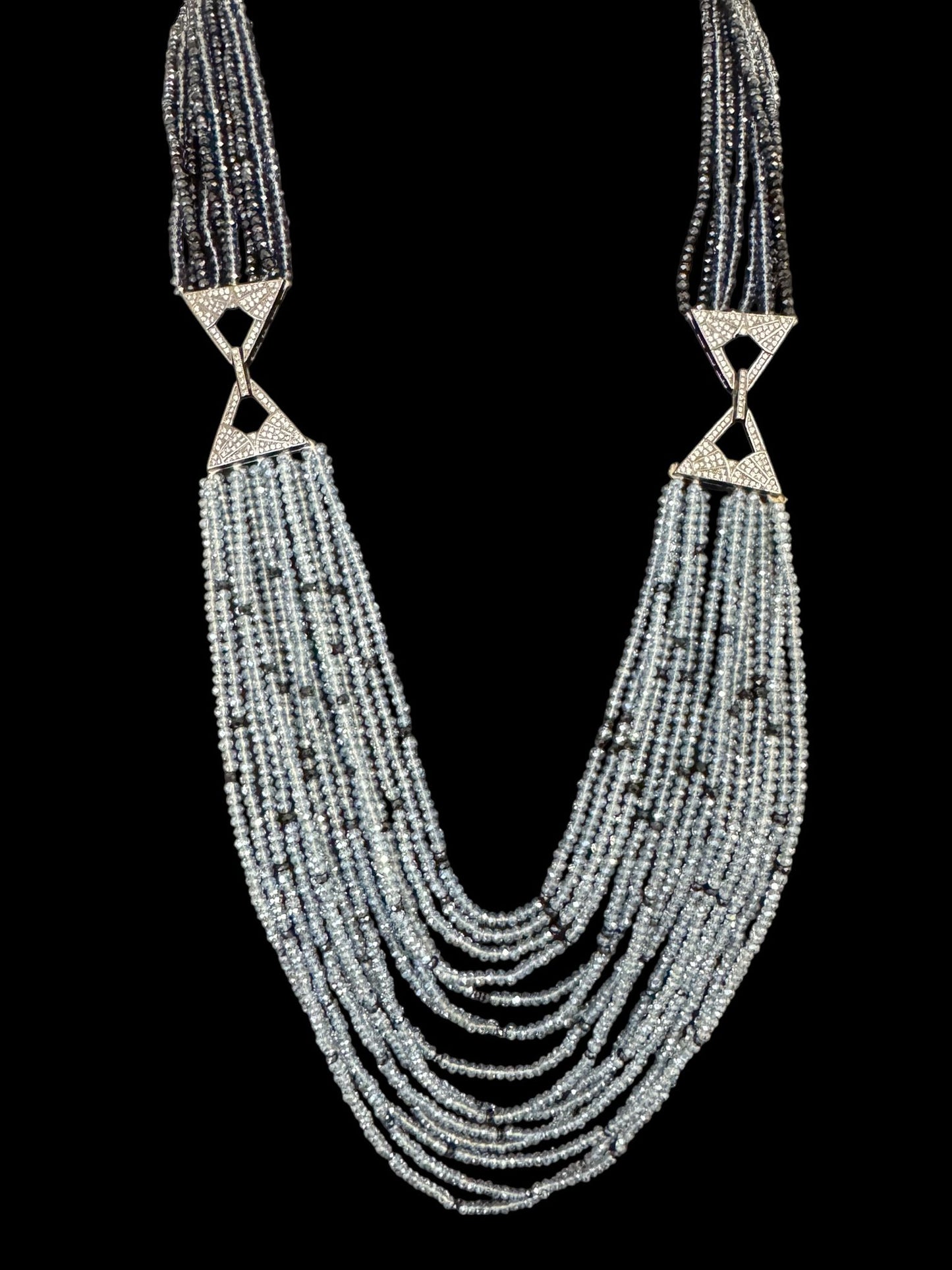 Dual Shade 10 Line Long Double Pendant Layered Crystal Necklace Gray