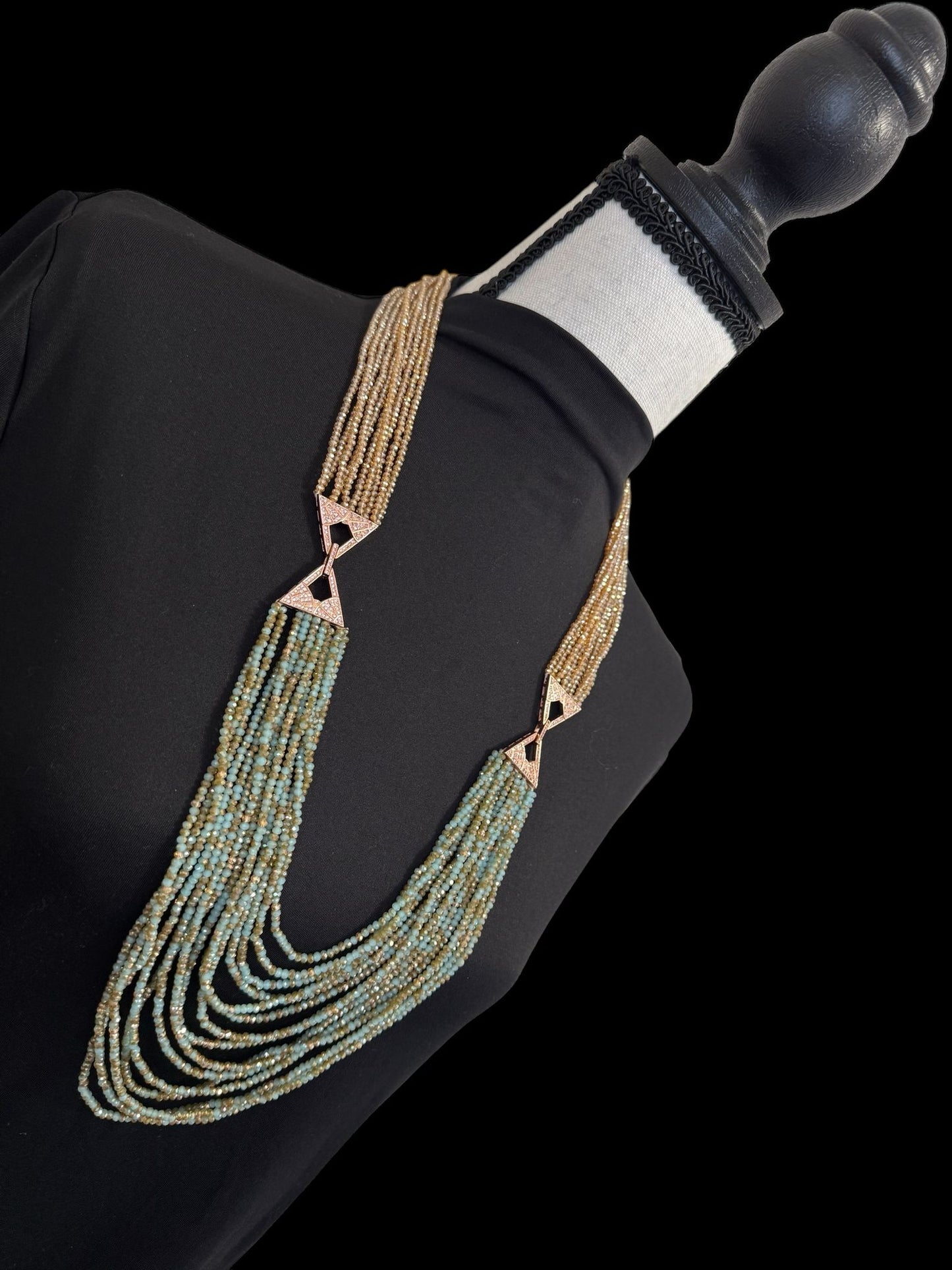 Dual Shade 10 Line Long Double Pendant Layered Crystal Necklace Blue