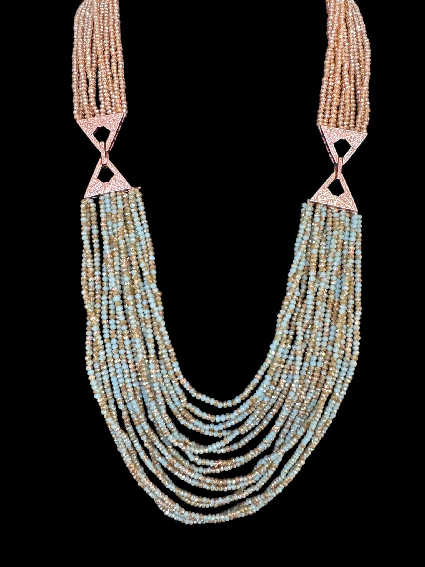 Dual Shade 10 Line Long Double Pendant Layered Crystal Necklace Blue