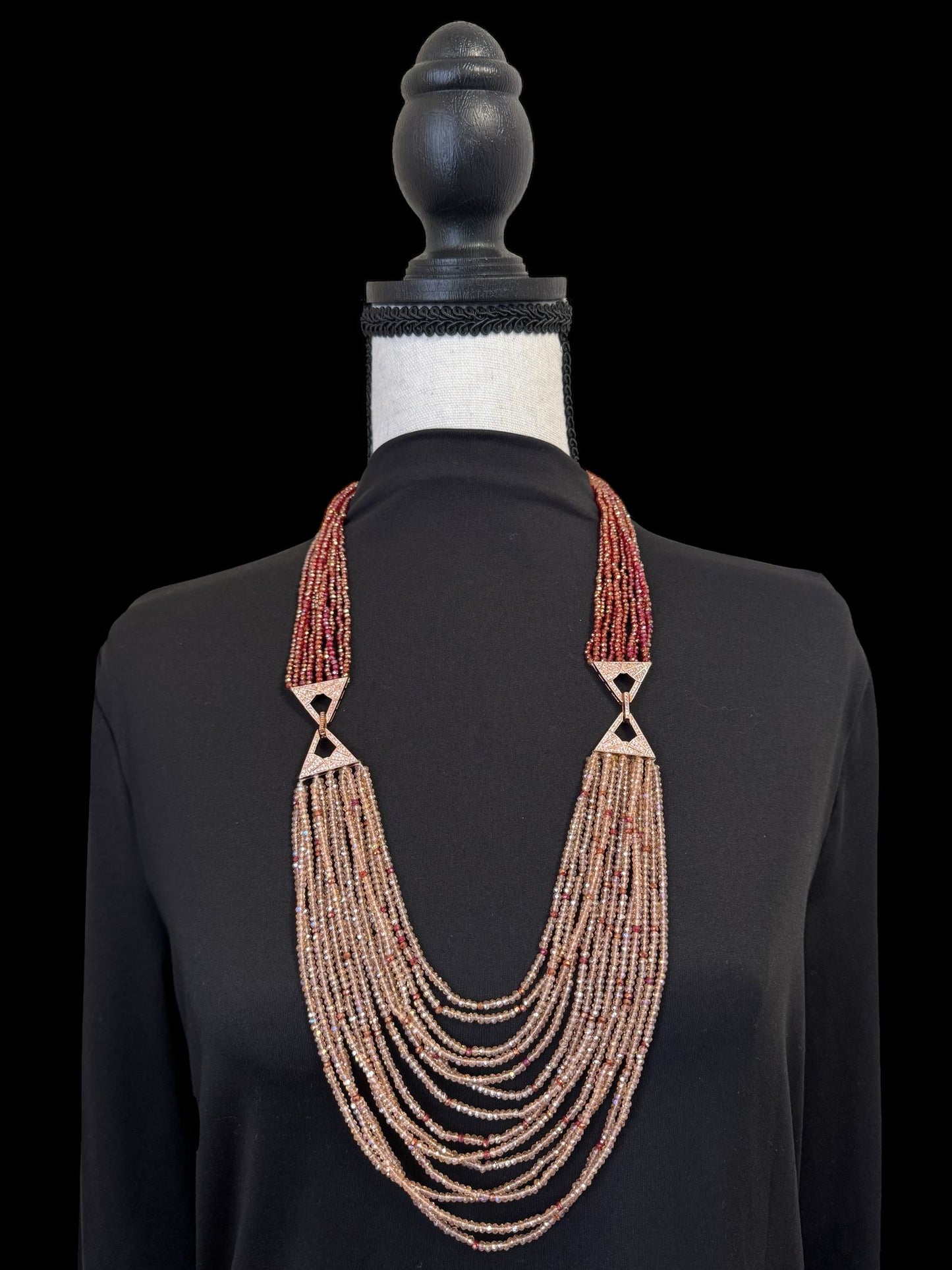 Dual Shade 10 Line Long Double Pendant Layered Crystal Necklace Pink