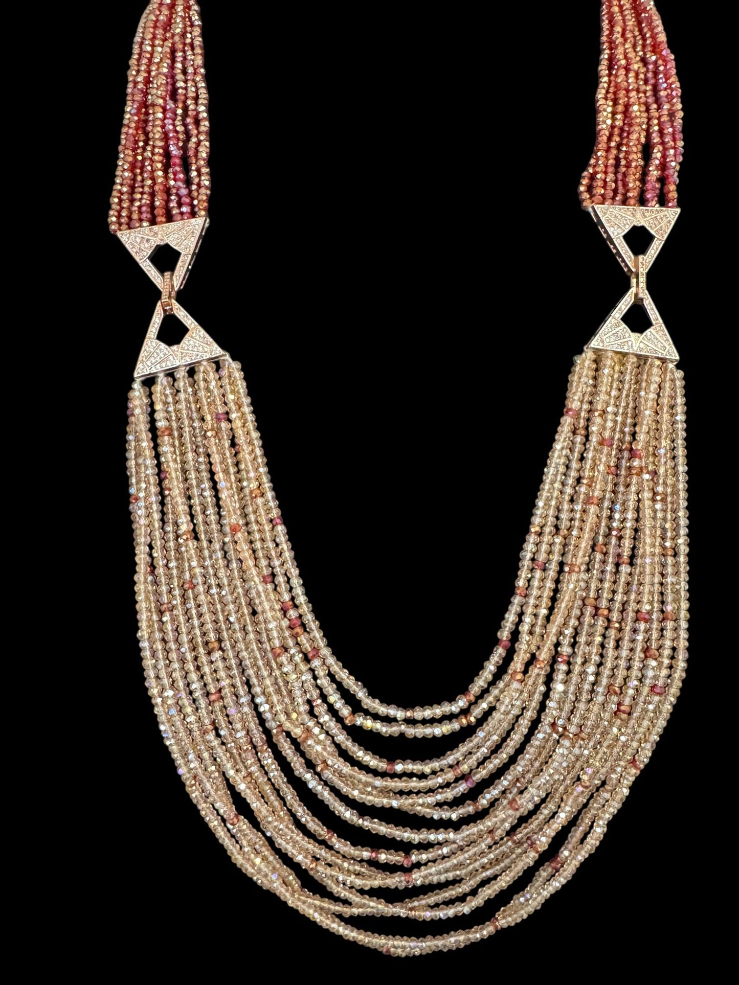 Dual Shade 10 Line Long Double Pendant Layered Crystal Necklace Pink