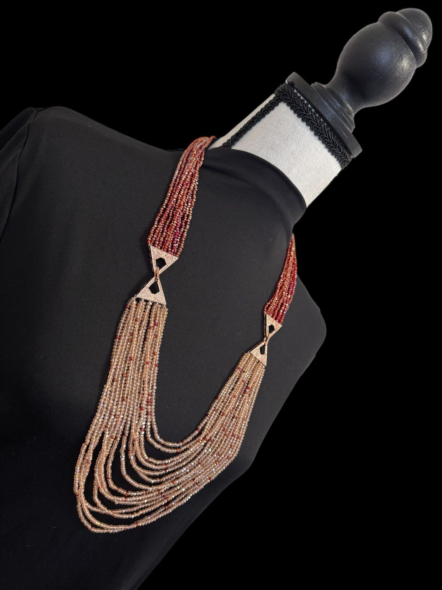 Dual Shade 10 Line Long Double Pendant Layered Crystal Necklace Pink