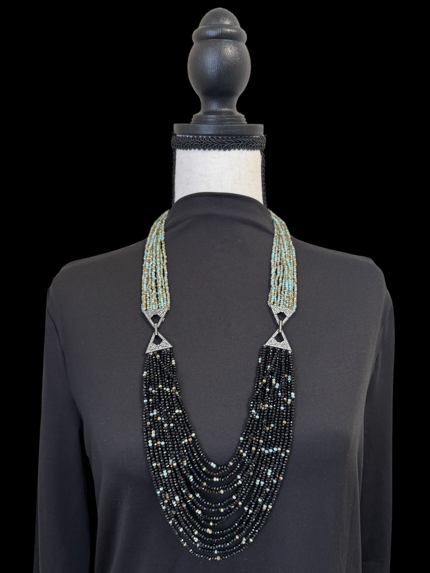 Dual Shade 10 Line Long Double Pendant Layered Crystal Necklace Black