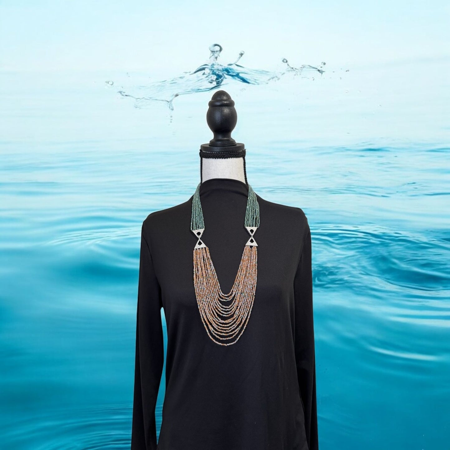 Dual Shade 10 Line Long Double Pendant Layered Crystal Necklace Orange