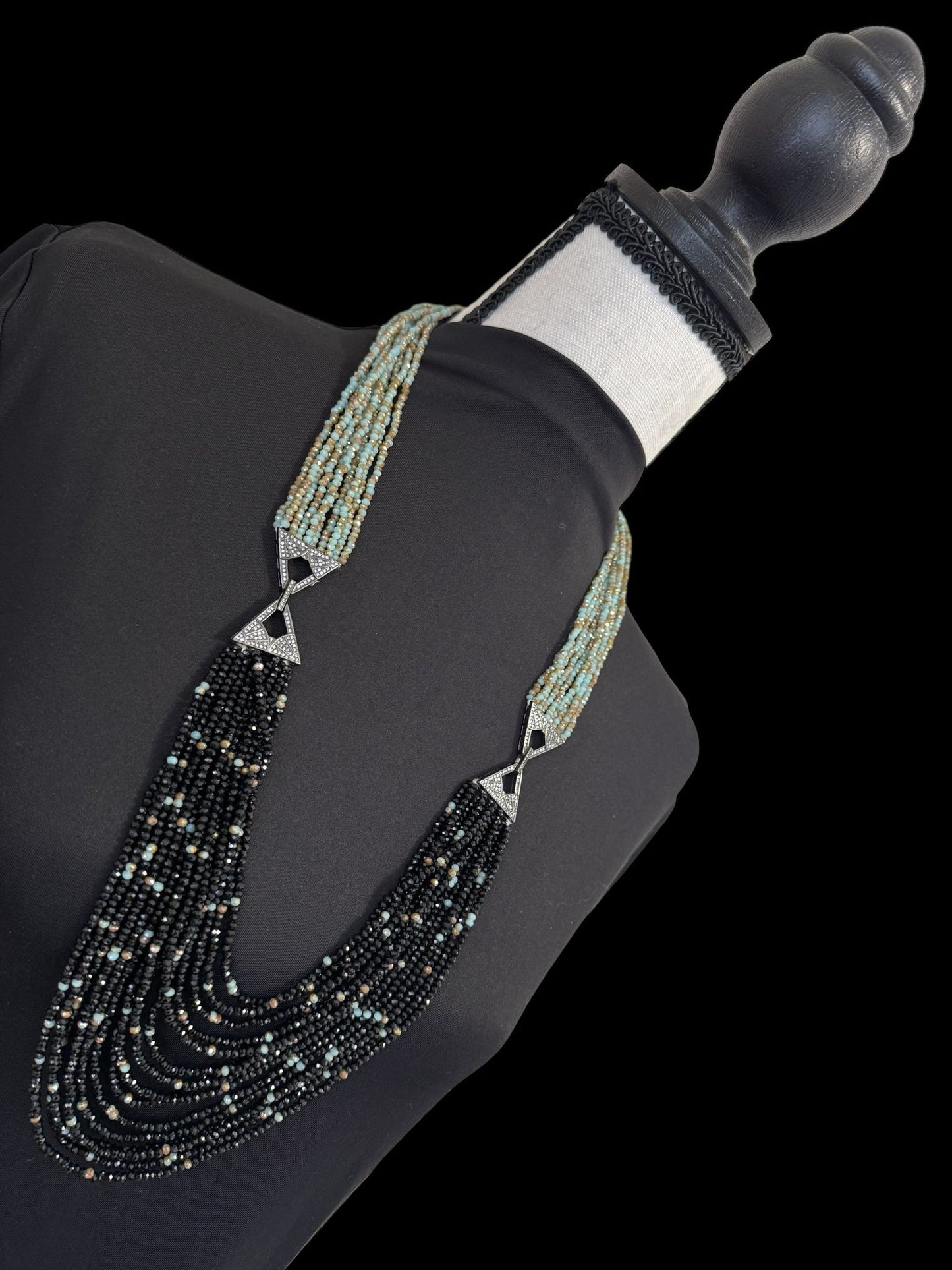 Dual Shade 10 Line Long Double Pendant Layered Crystal Necklace Black