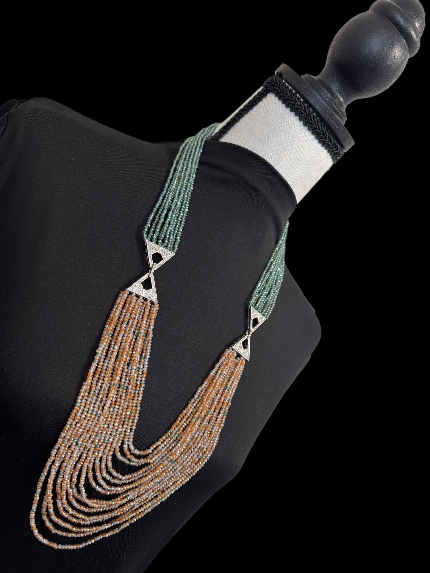 Dual Shade 10 Line Long Double Pendant Layered Crystal Necklace Orange