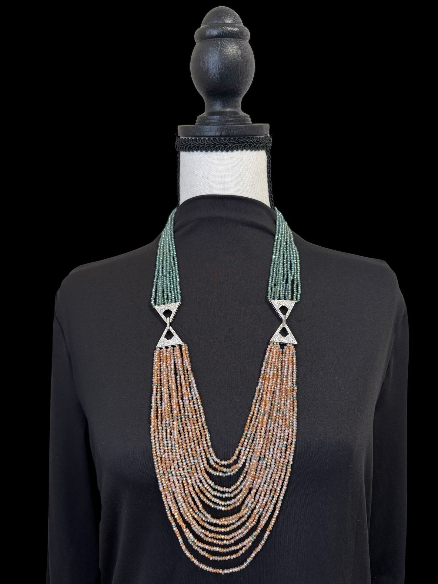 Dual Shade 10 Line Long Double Pendant Layered Crystal Necklace Orange