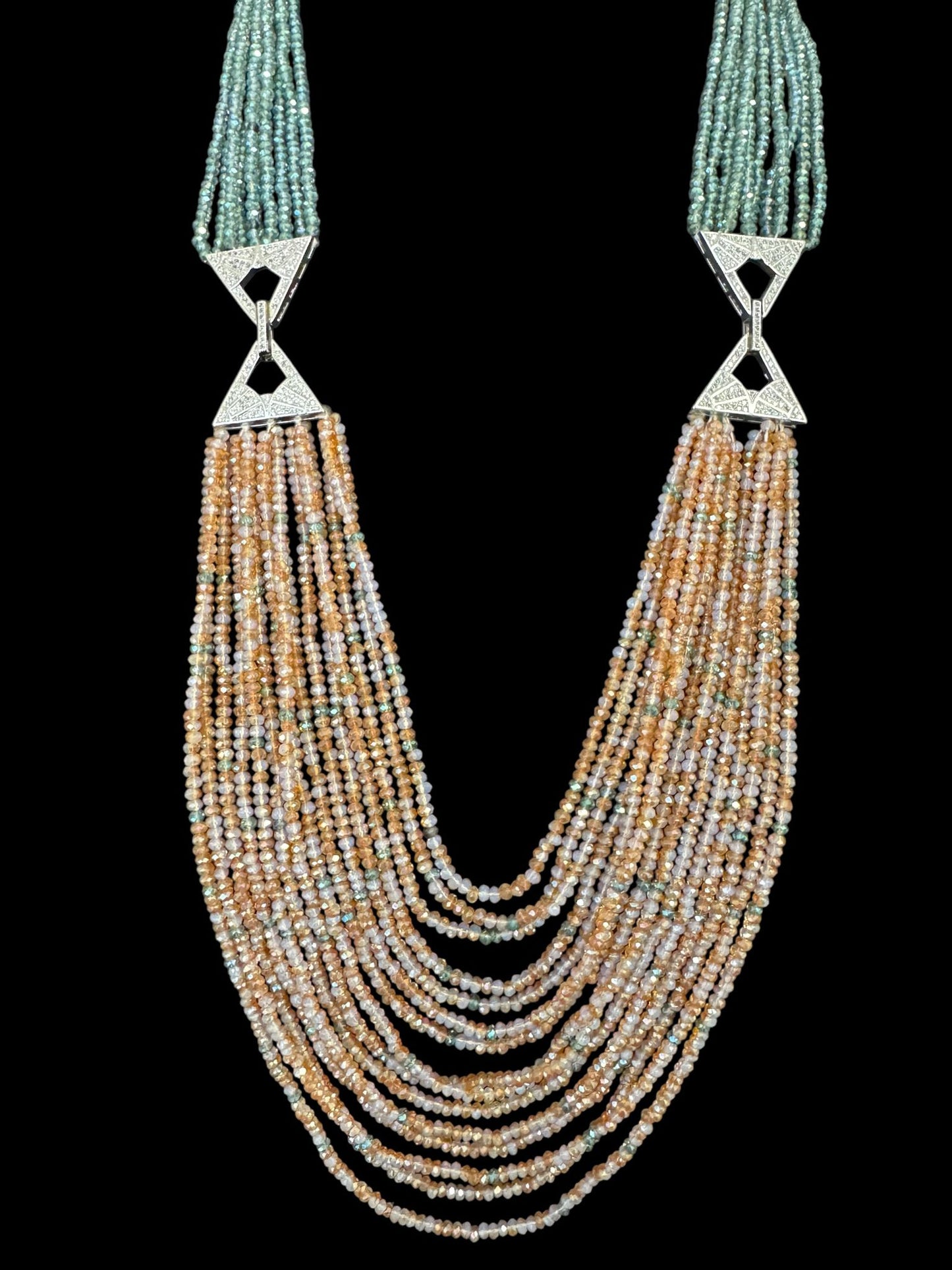 Dual Shade 10 Line Long Double Pendant Layered Crystal Necklace Orange