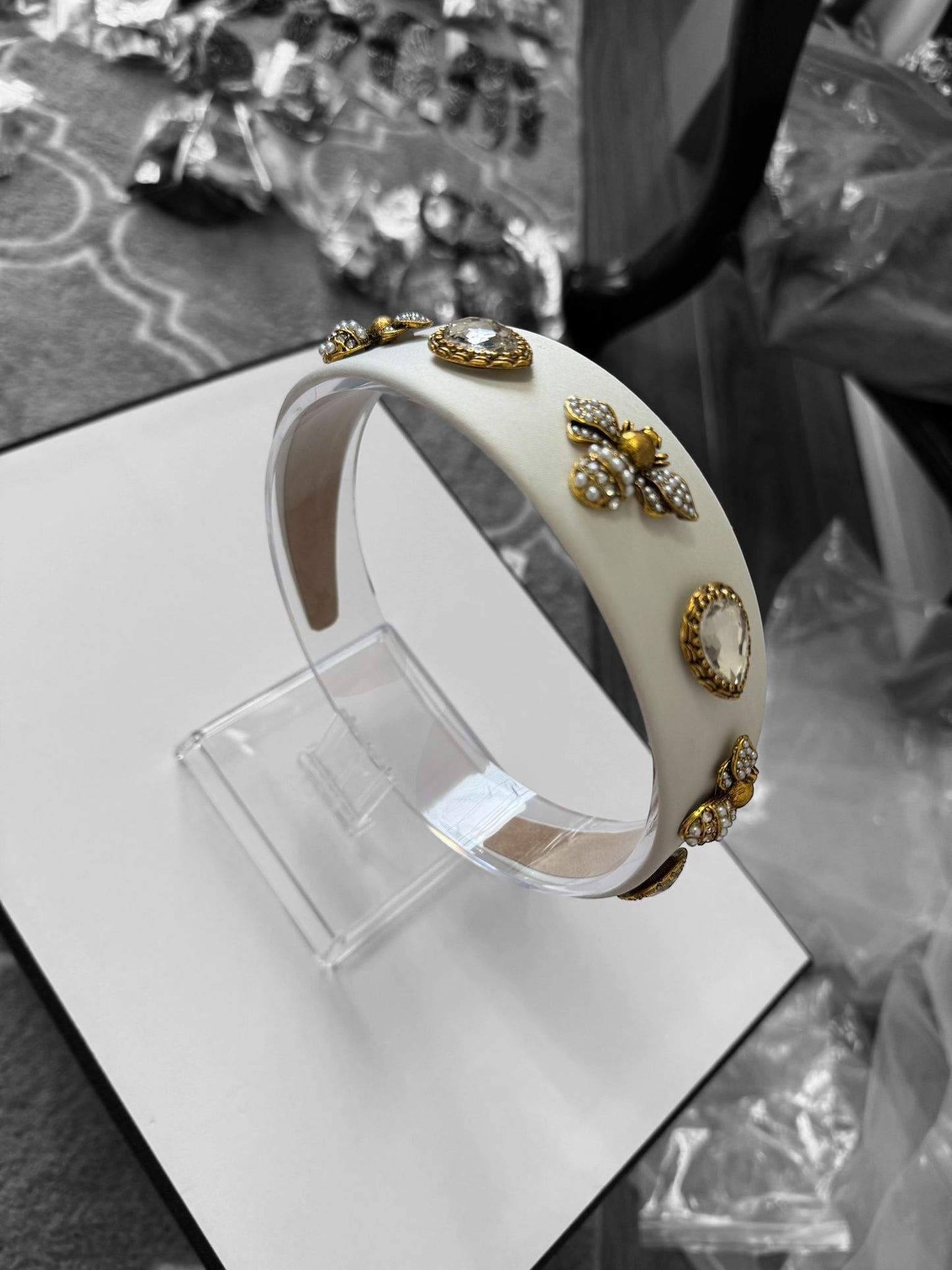 Quilted Almond and Bee Silk Ornamental Headband White