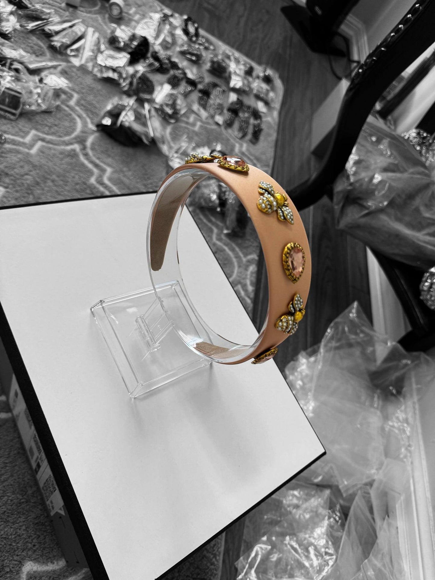 Quilted Almond and Bee Silk Ornamental Headband Orange